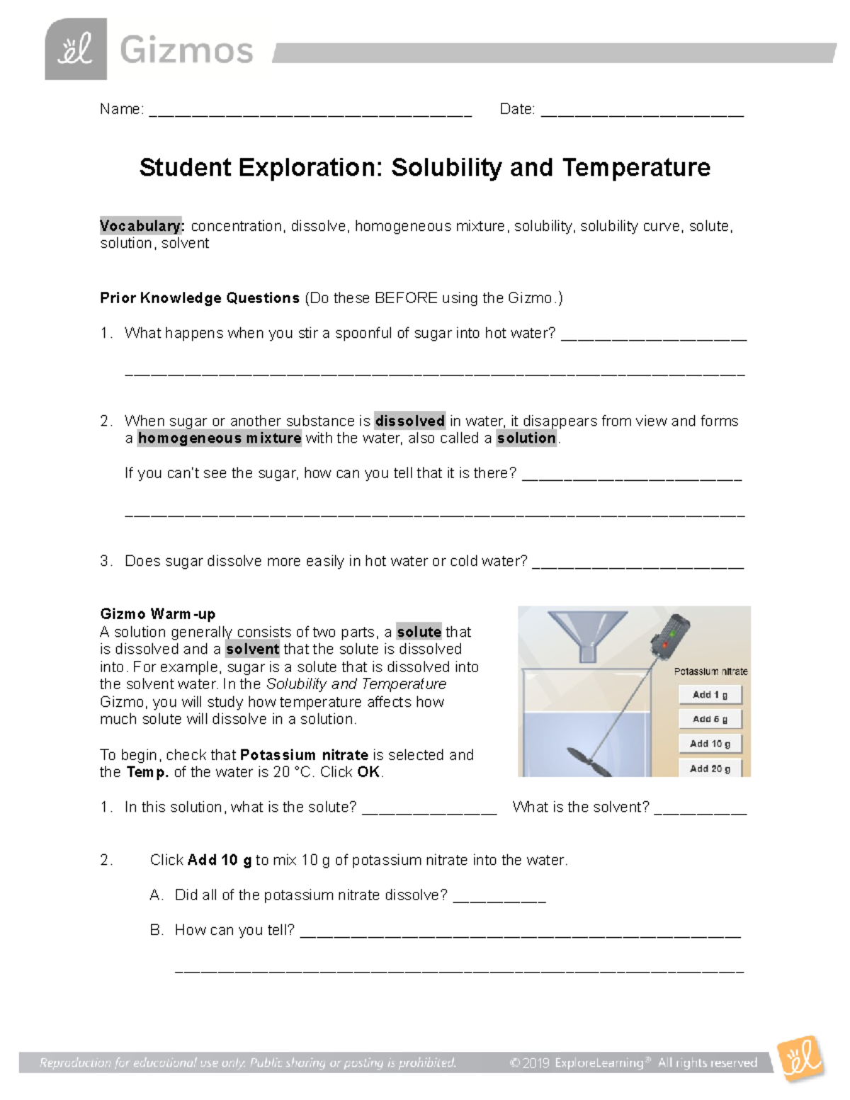 Solubility Temperature SE - Name ...