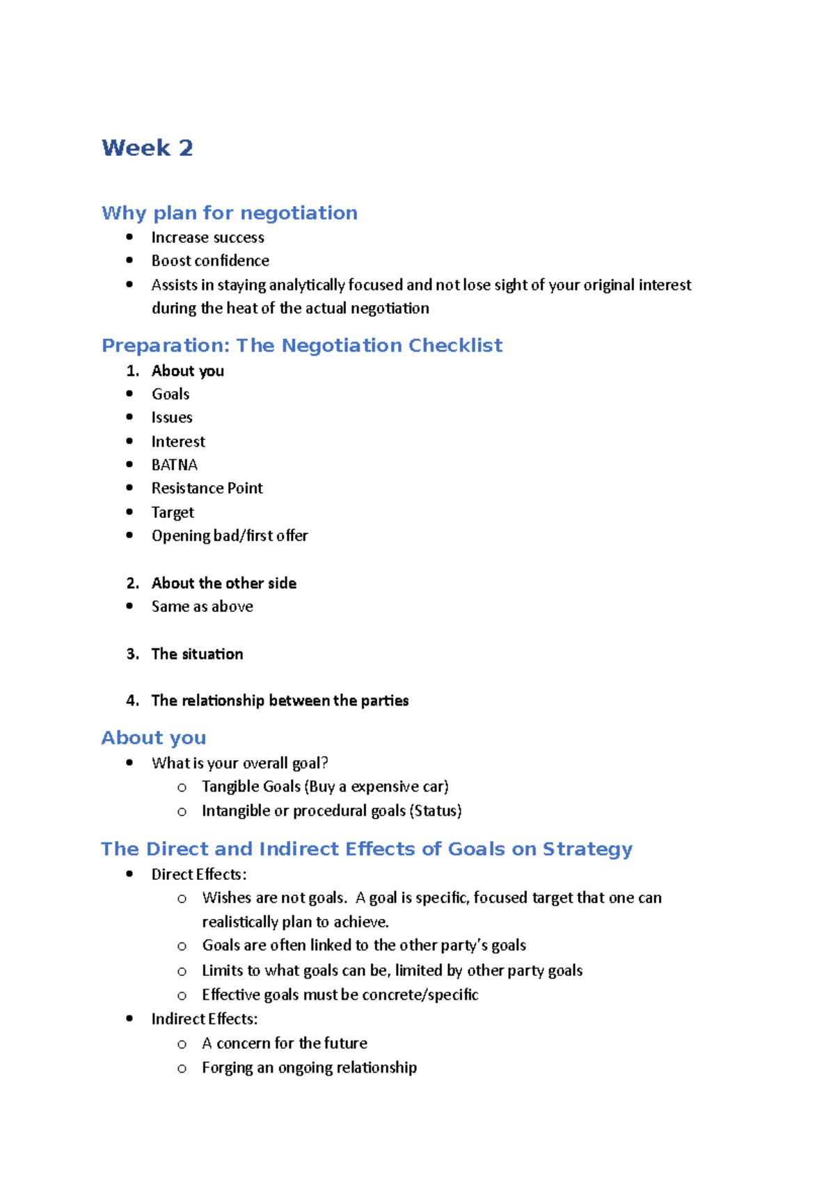 Negotiations Week 2 - Lecture notes week 2 - Week 2 Why plan for ...