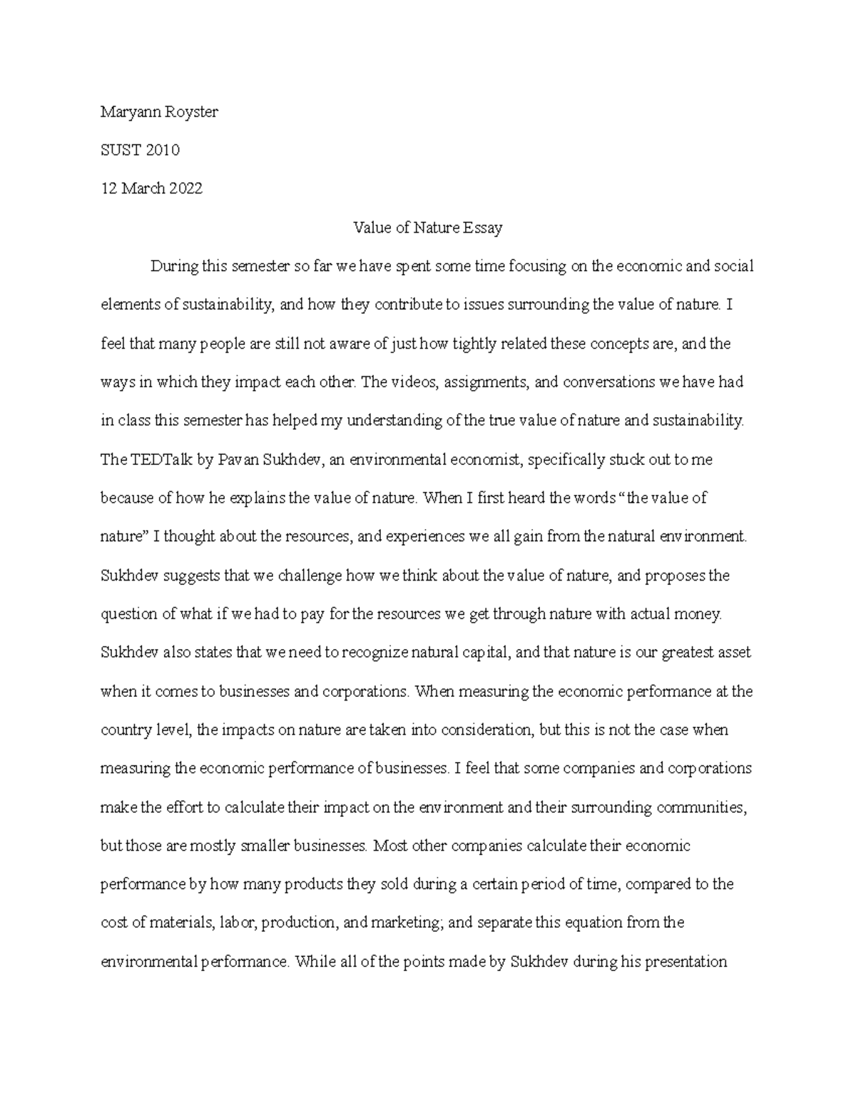 essay on nature of value