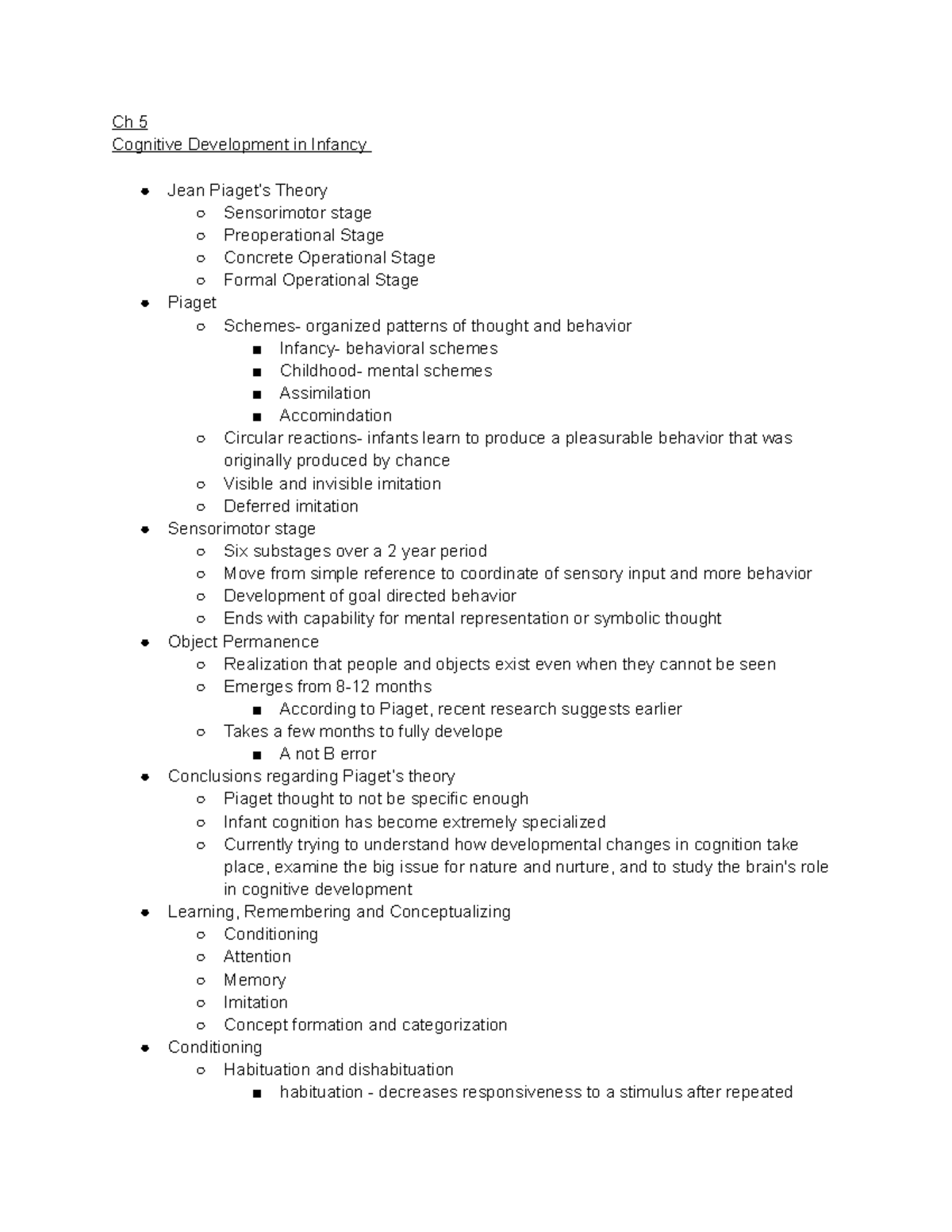 Chapter 5 notes - Ch 5 Cognitive Development in Infancy Jean Piaget’s ...