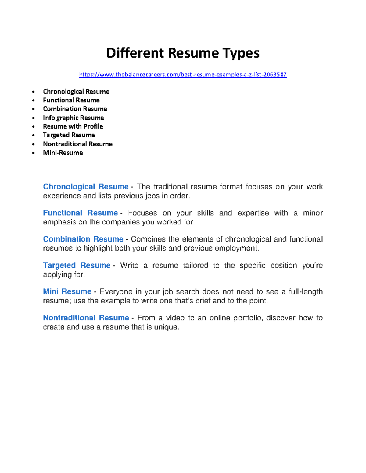 Different Types of Resume - Notes - Different Resume Types - Studocu