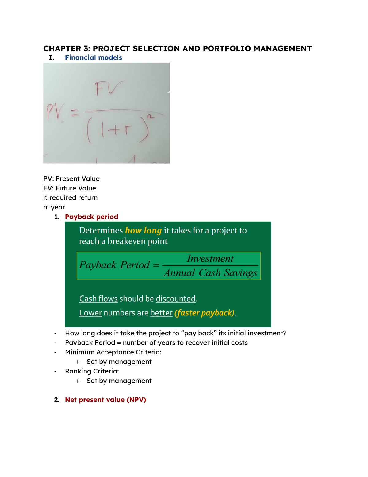 QTDA - NOTE - Giảng Viên: Lê Tuấn Bách - CHAPTER 3: PROJECT SELECTION ...