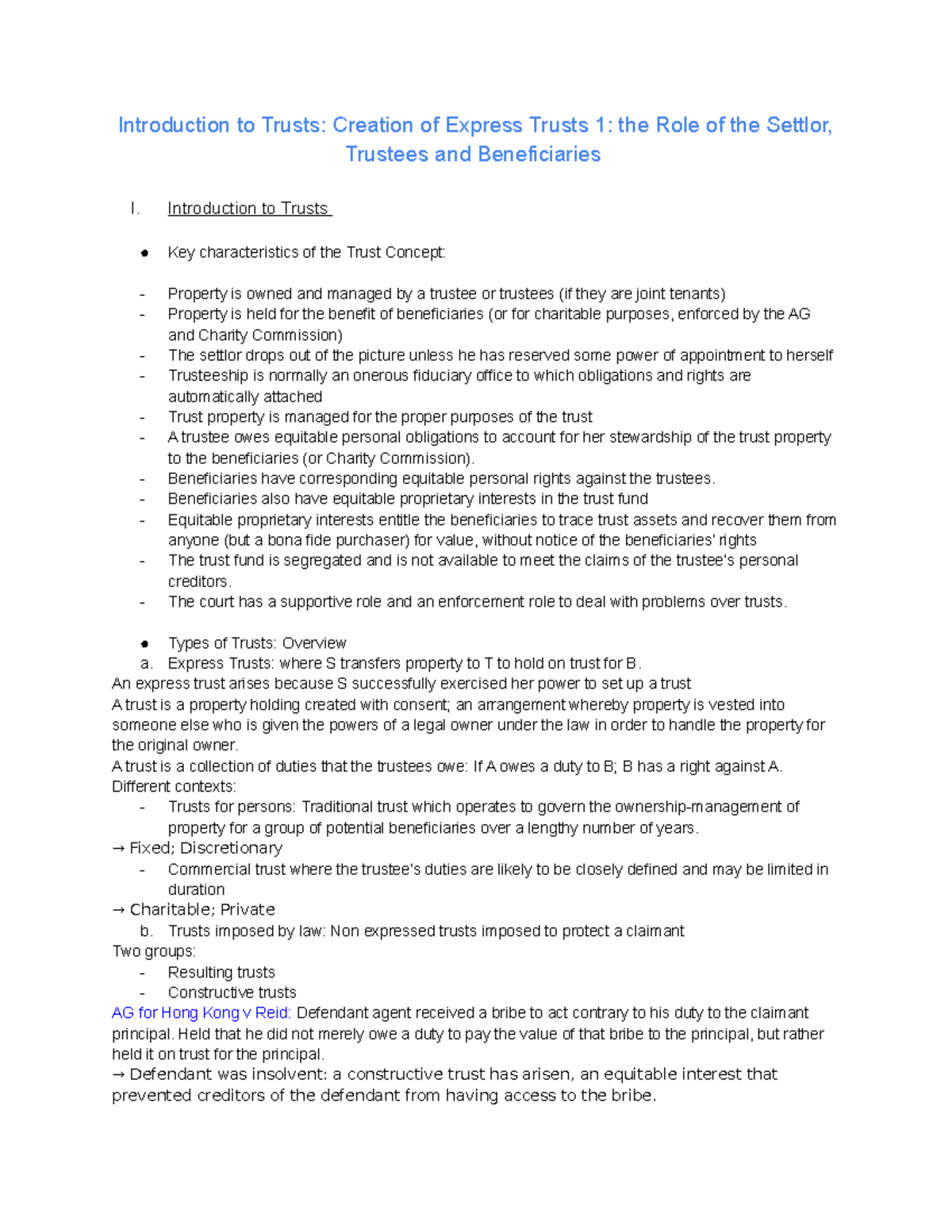 Lecture 1 Trust & Equity - Revisions - Introduction to Trusts: Creation ...