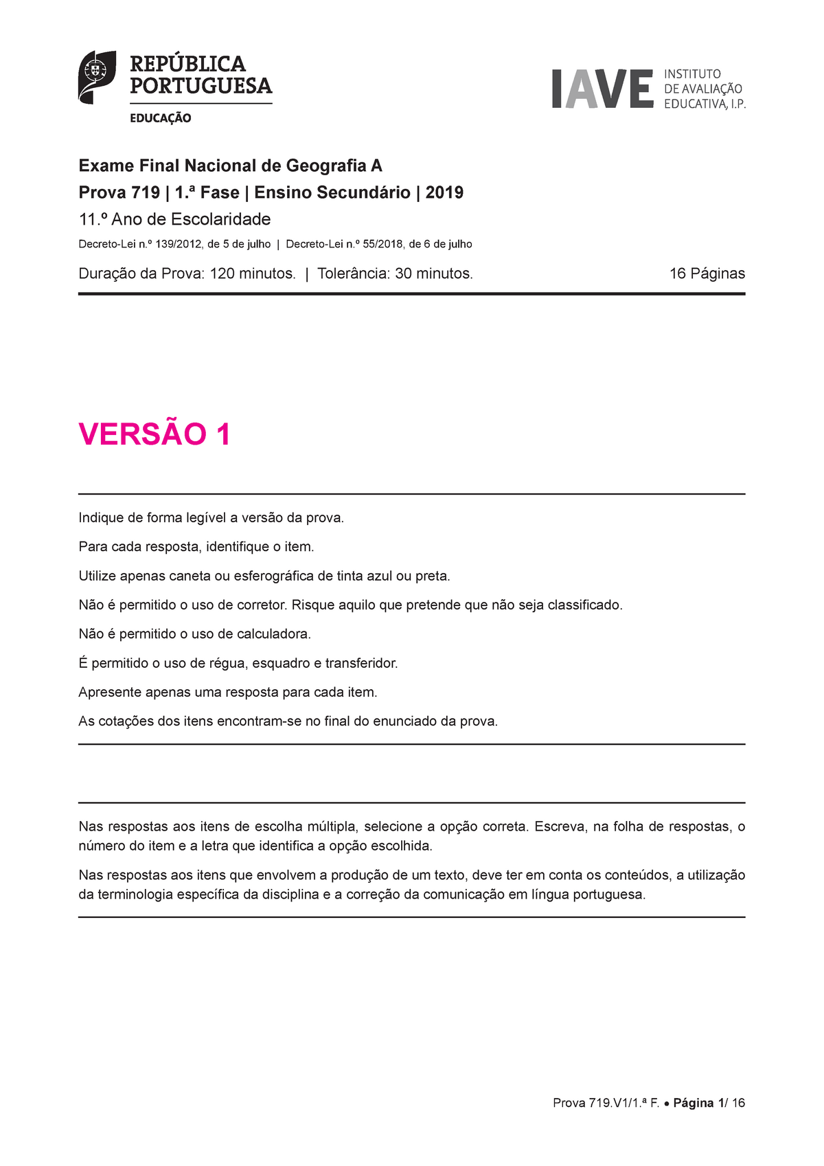 Exame Nacional Geografia A 2019 - 1.ª Fase