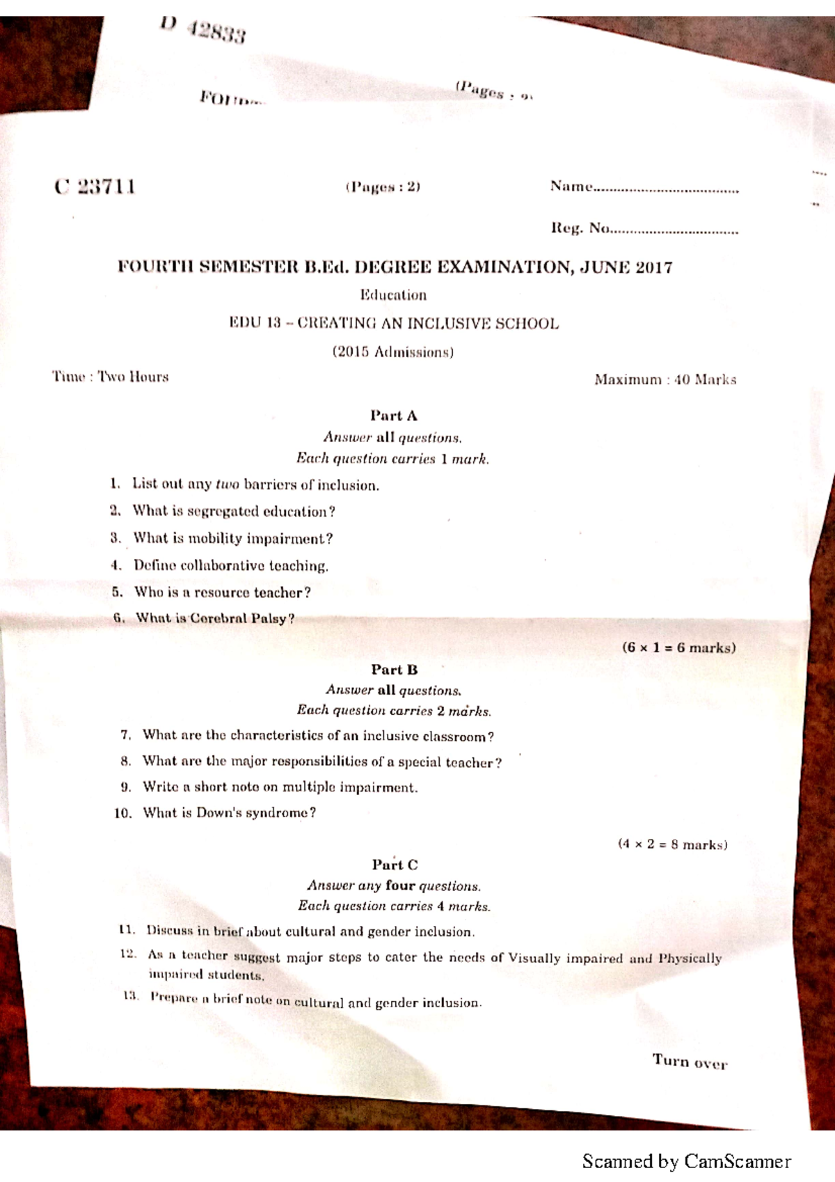 Inclusion Question paper B.Ed Studocu