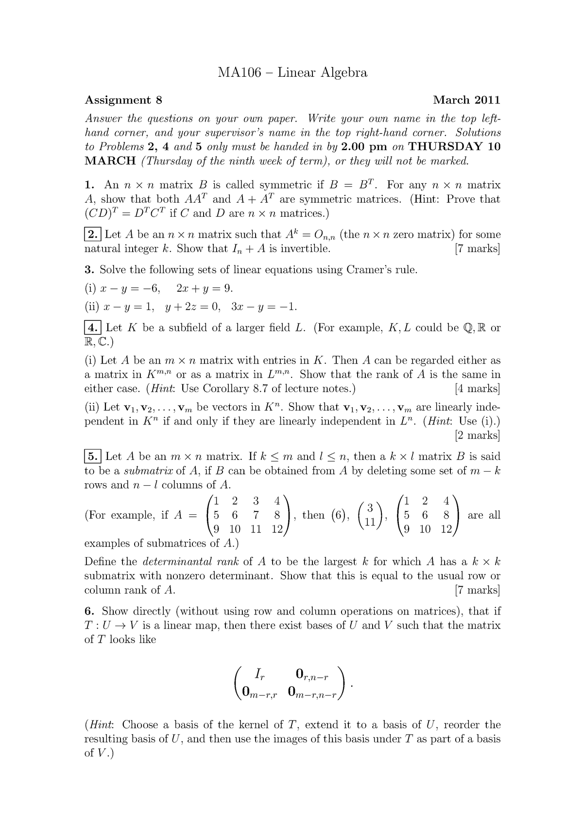 MA106 2010-2011 Assignment 8 - Linear Algebra - Warwick - StuDocu