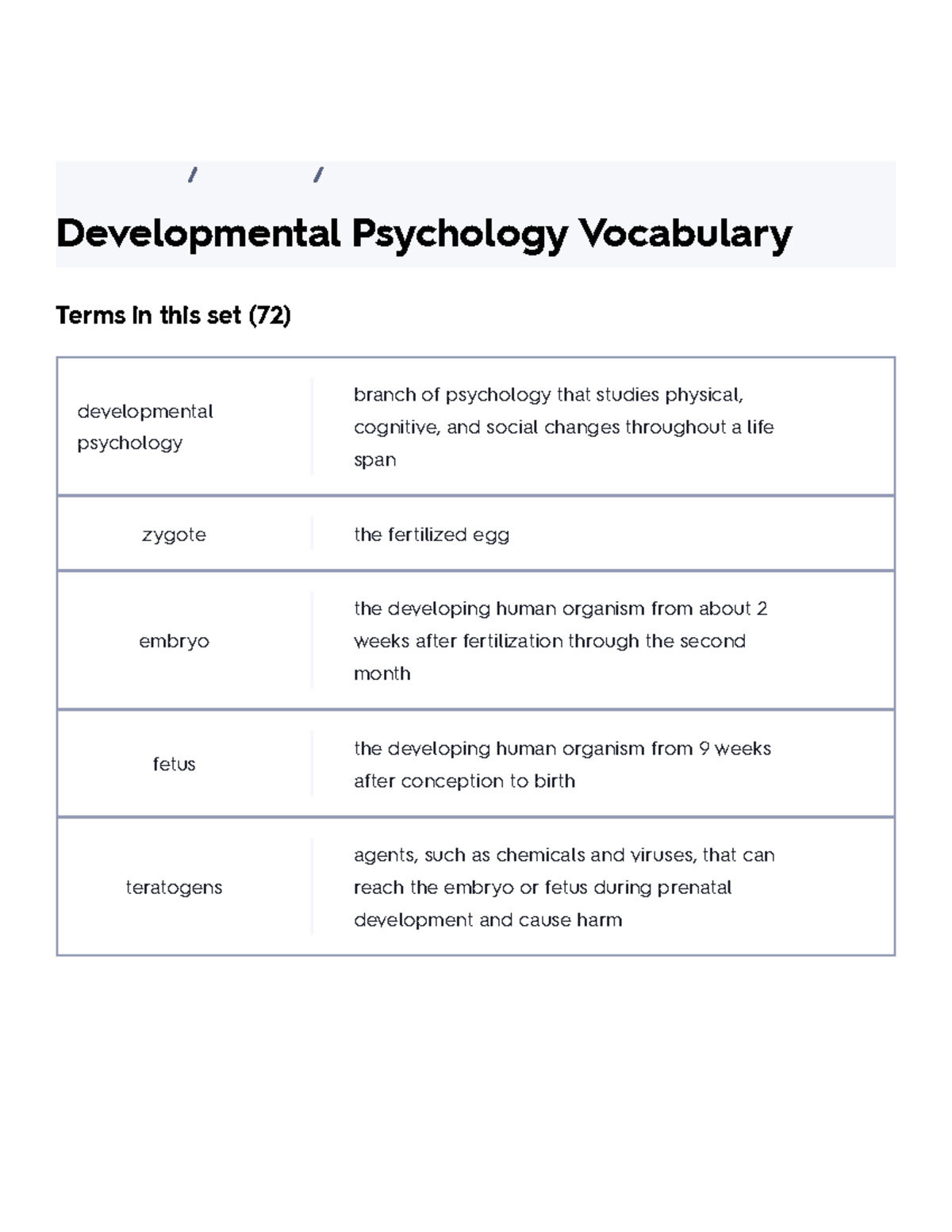 Developmental Psychology Vocabulary Flashcards Quizlet