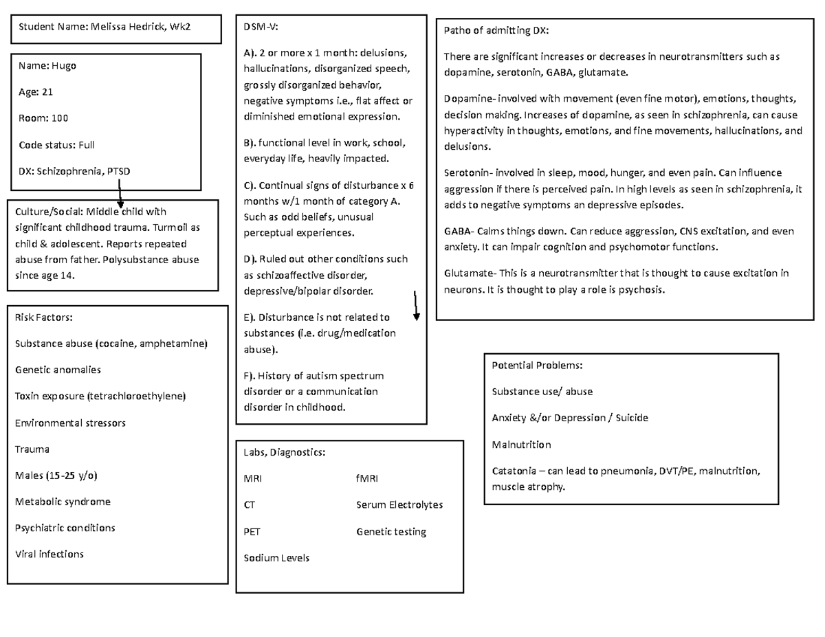 Schizo careplan - care plan and business - Patho of admitting DX: There ...