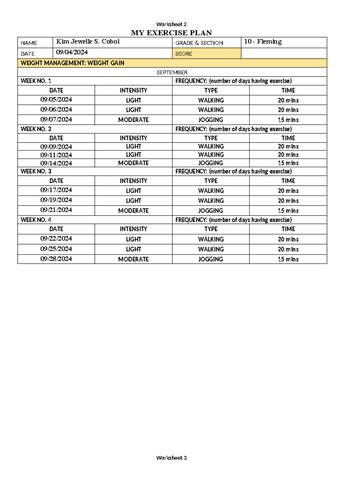 Worksheet3 fsdefcs Worksheet 2 MY EXERCISE PLAN NAME Kim Jewelle S