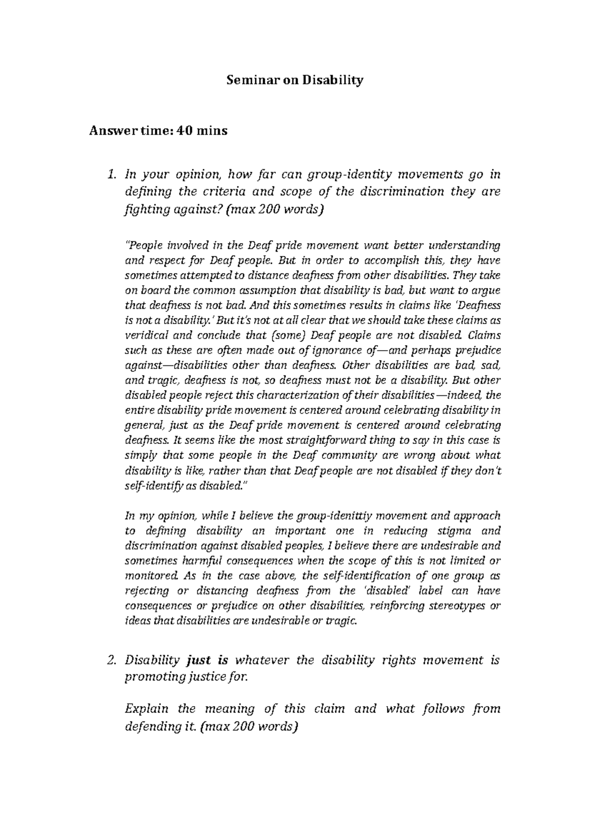 11th questionnaire - Seminar on Disability Answer time: 40 mins 1. In ...