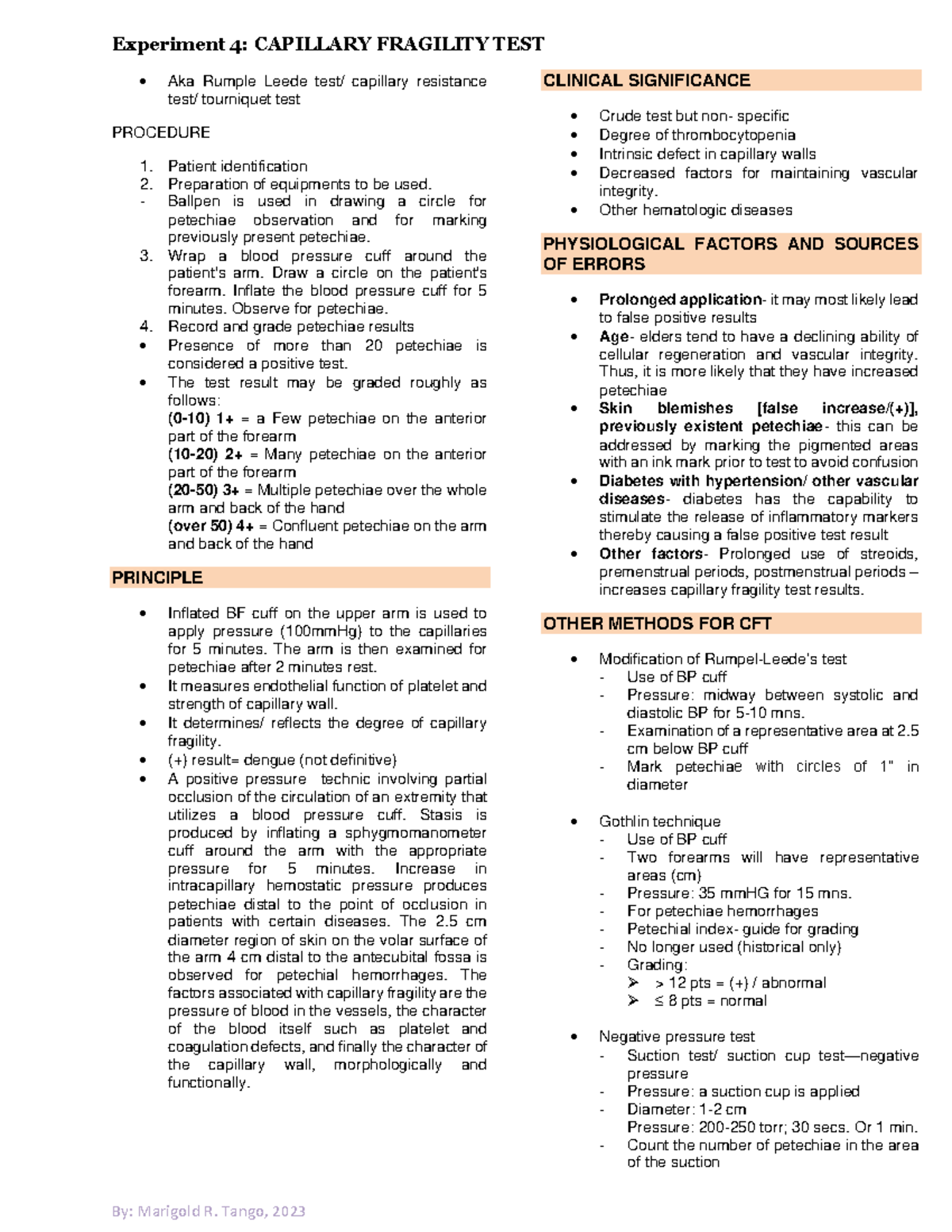 Experiment 4 & 5 CFT, BT - Capillary Fragility Test, Bleeding time ...