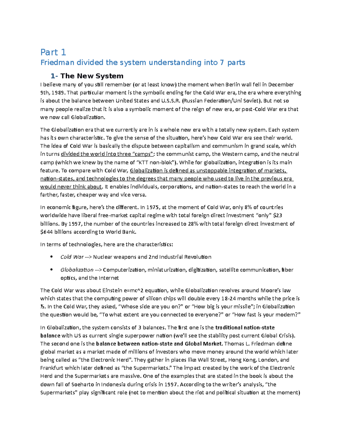 Lexus and the Olive Tree Summary Part 1 Friedman divided the system