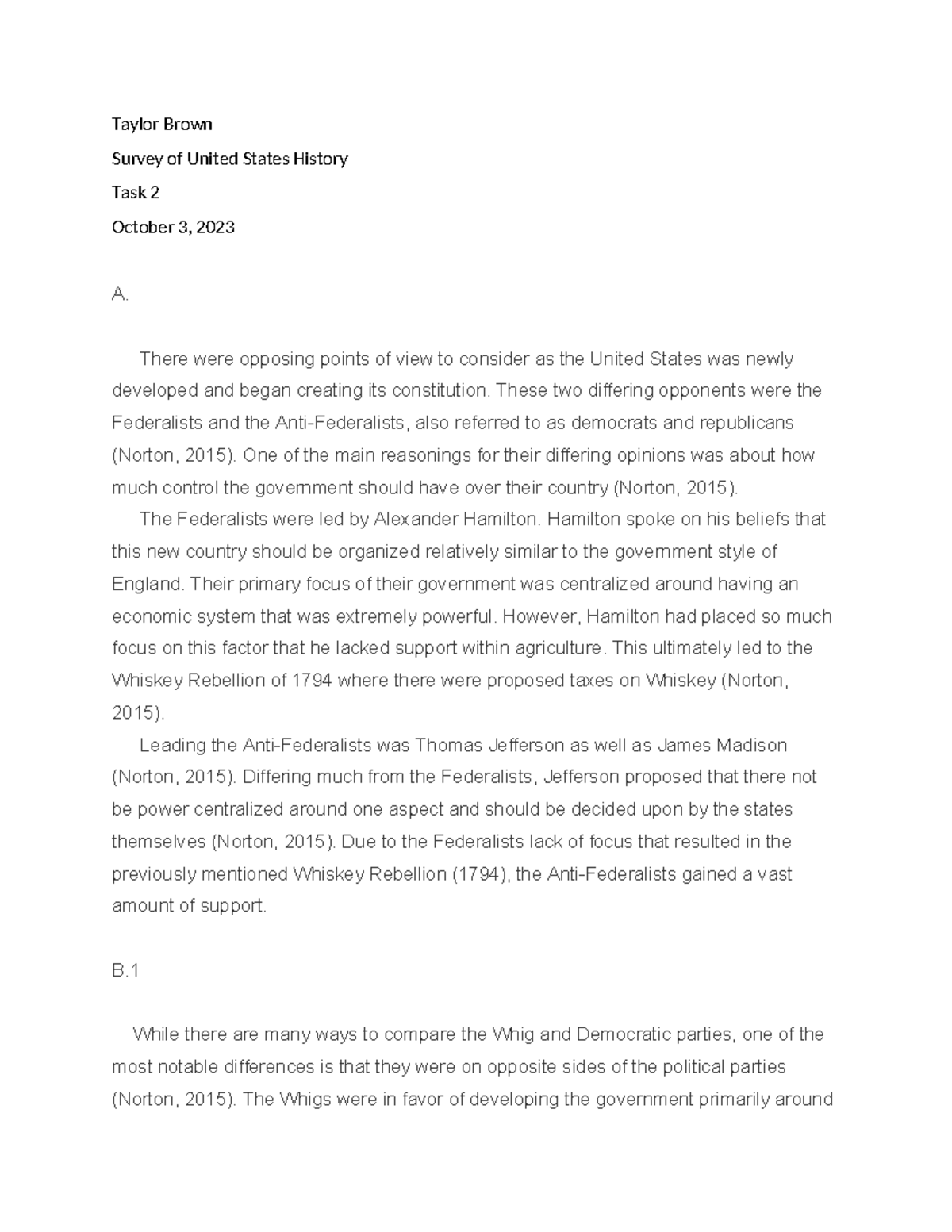 Task 2 - Task 2 passed - Taylor Brown Survey of United States History ...