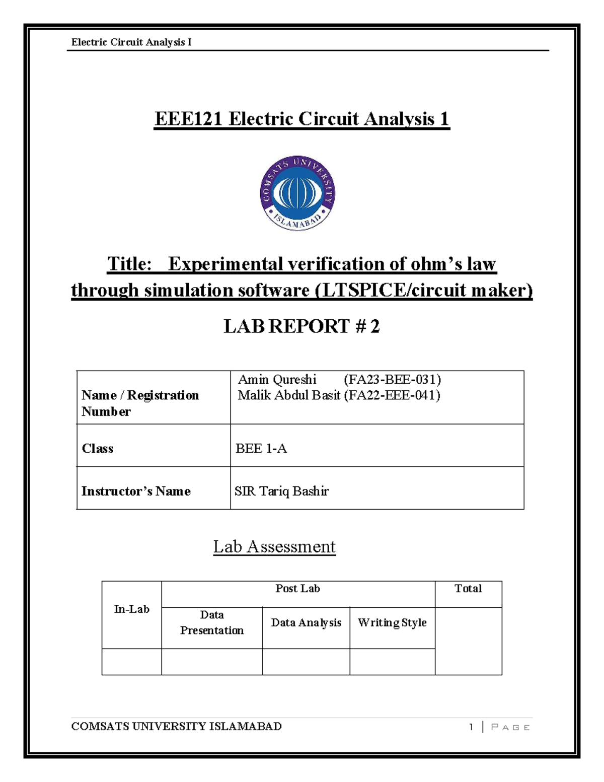 ECA lab report 2 - Electric Circuit Analysis I EEE121 Electric Circuit ...