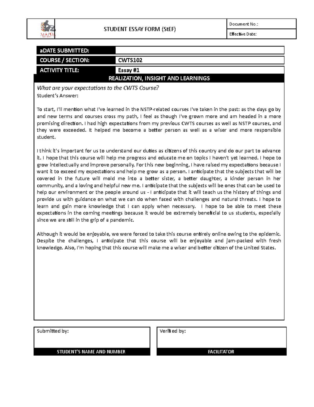 Form - CWTS102 Essay #1 - STUDENT ESSAY FORM (StEF) Document No ...