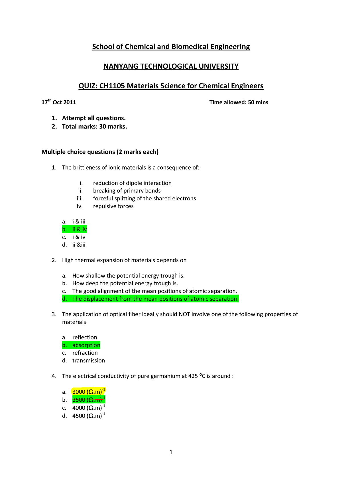 Copy Of Quiz Solution - 1 School Of Chemical And Biomedical Engineering ...