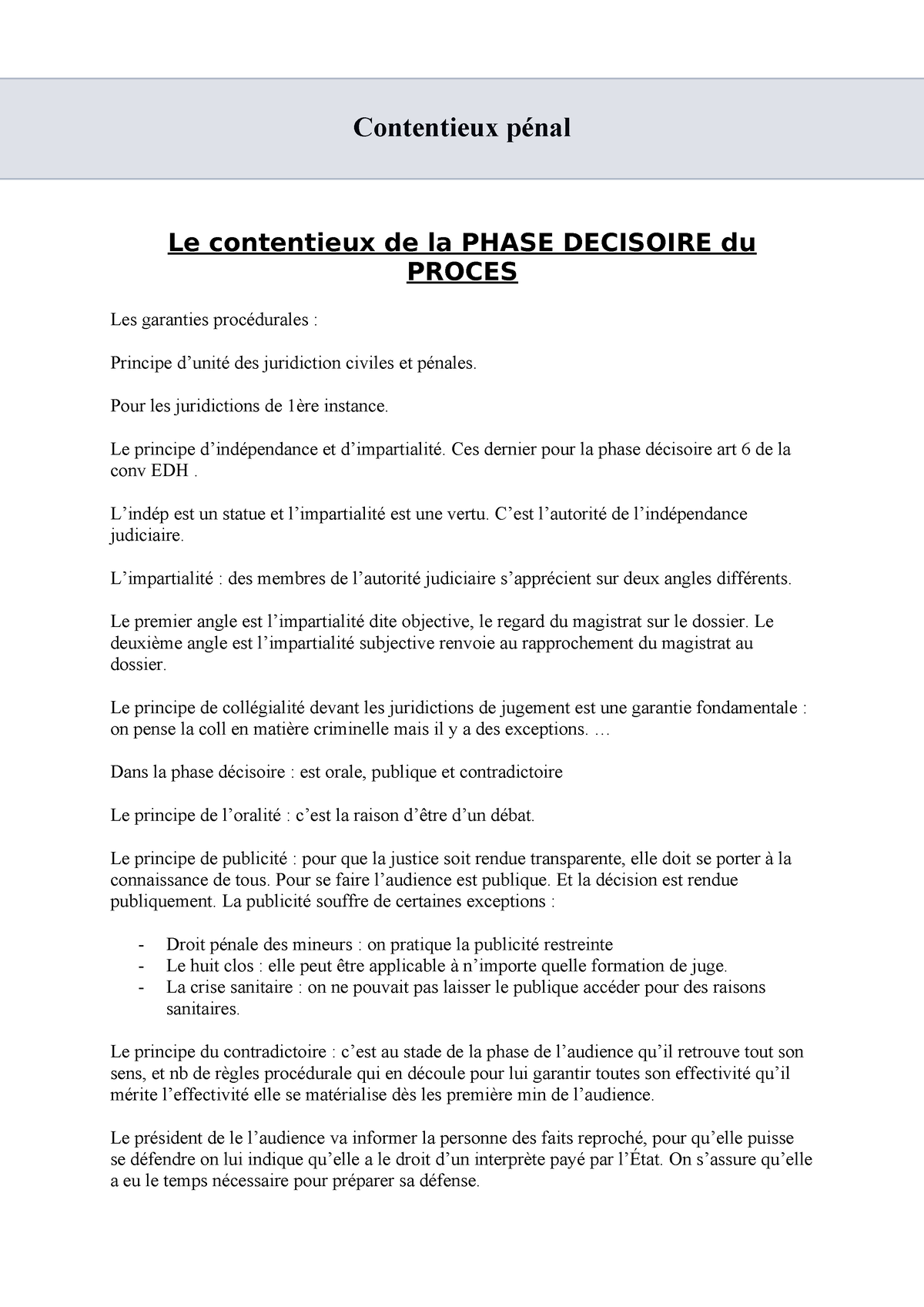 Contentieux pénal notes de cours Contentieux pénal Le contentieux