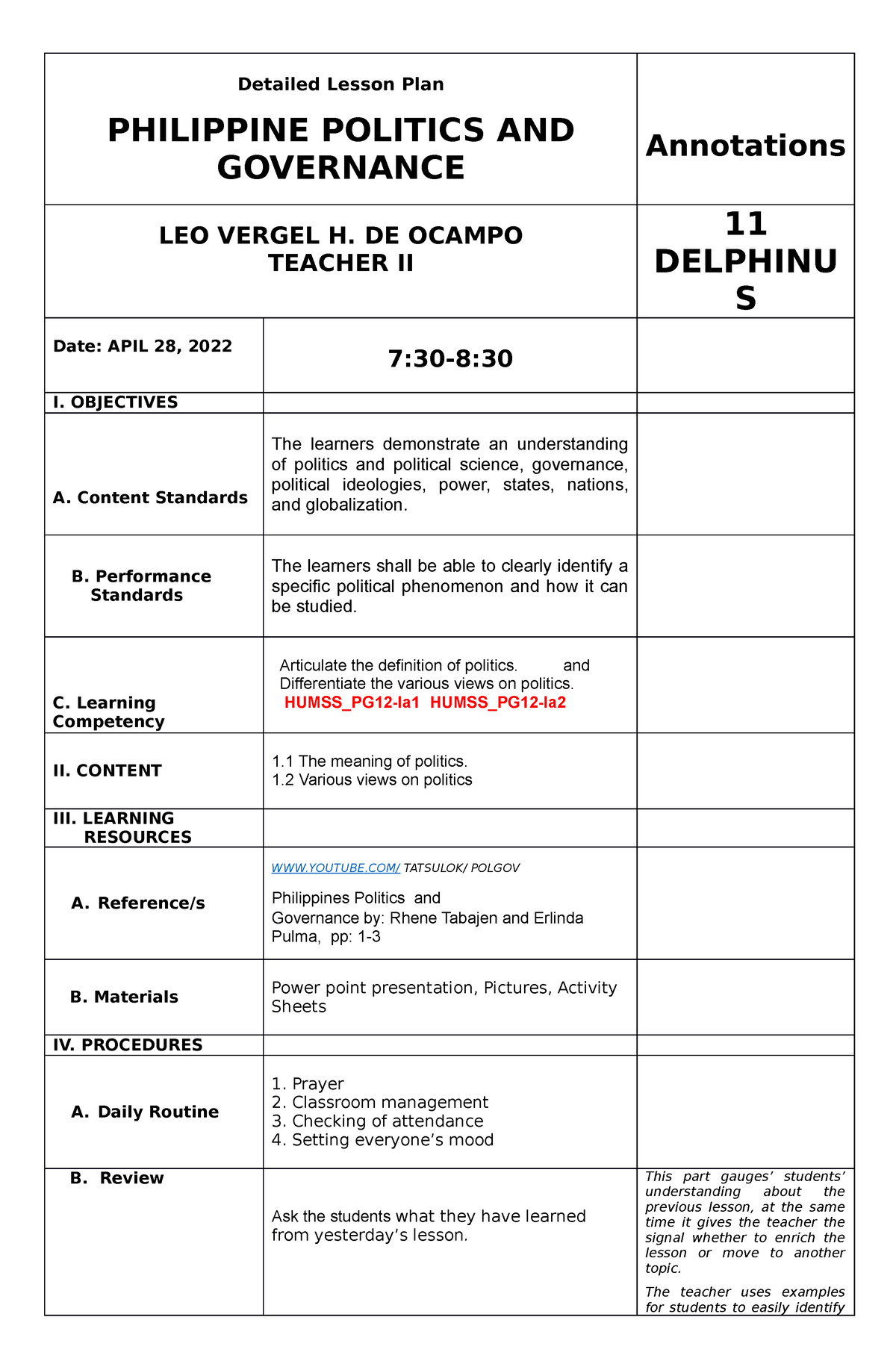 Cot11 Cot 11 Detailed Lesson Plan Philippine Politics And Governance Annotations Leo Vergel 9891