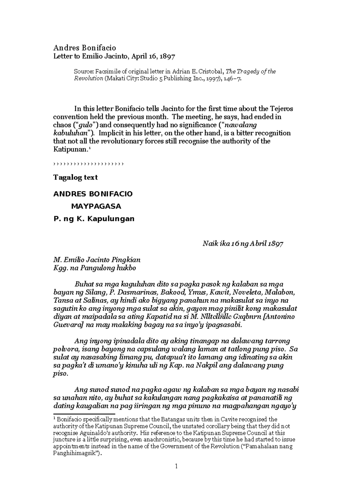 bonifacio to jacinto letters - Andres Bonifacio Letter to Emilio ...