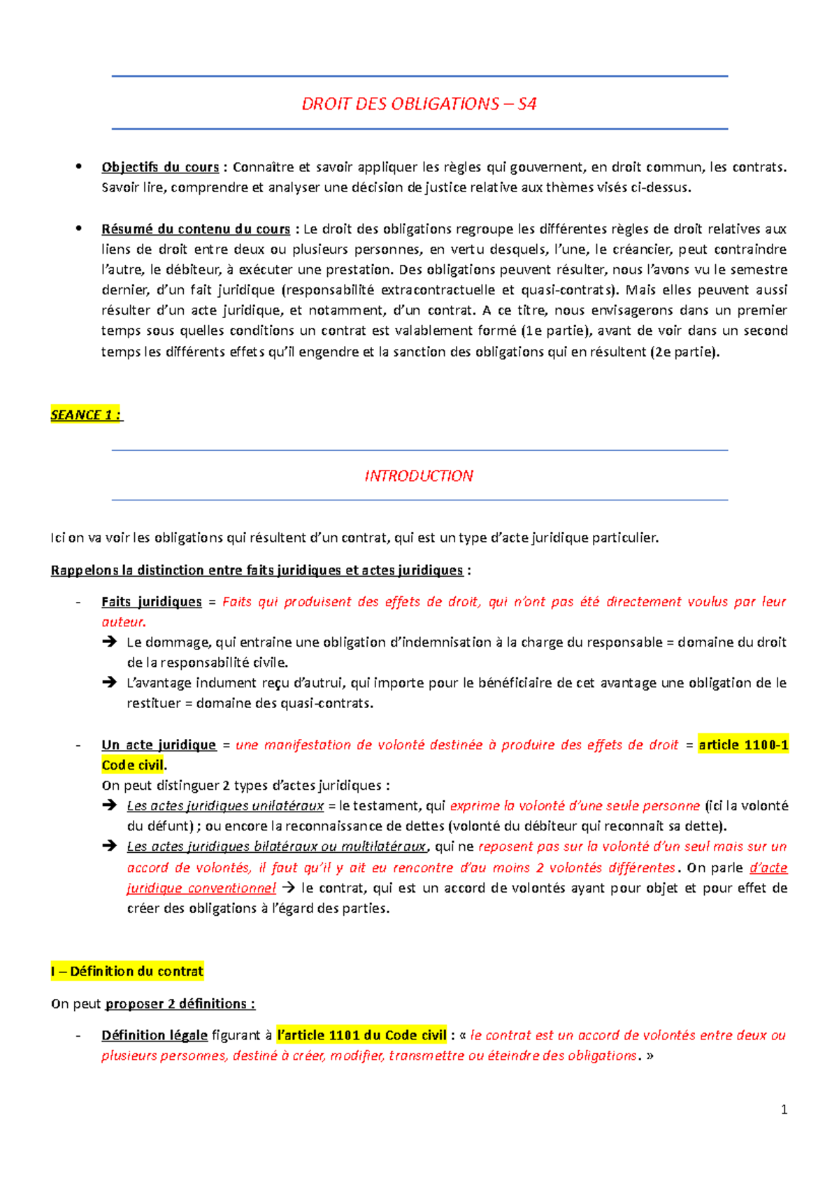 CM- Droit DES Obligations - DROIT DES OBLIGATIONS – S Objectifs Du ...