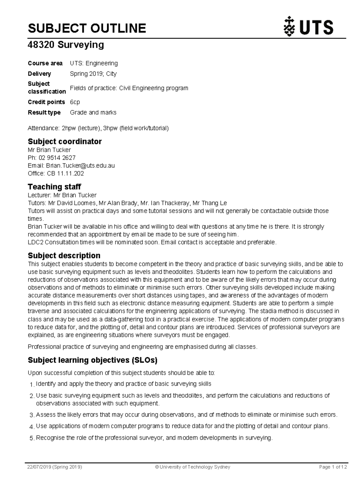 Subject Outline - SUBJECT OUTLINE 48320 Surveying Course area UTS ...