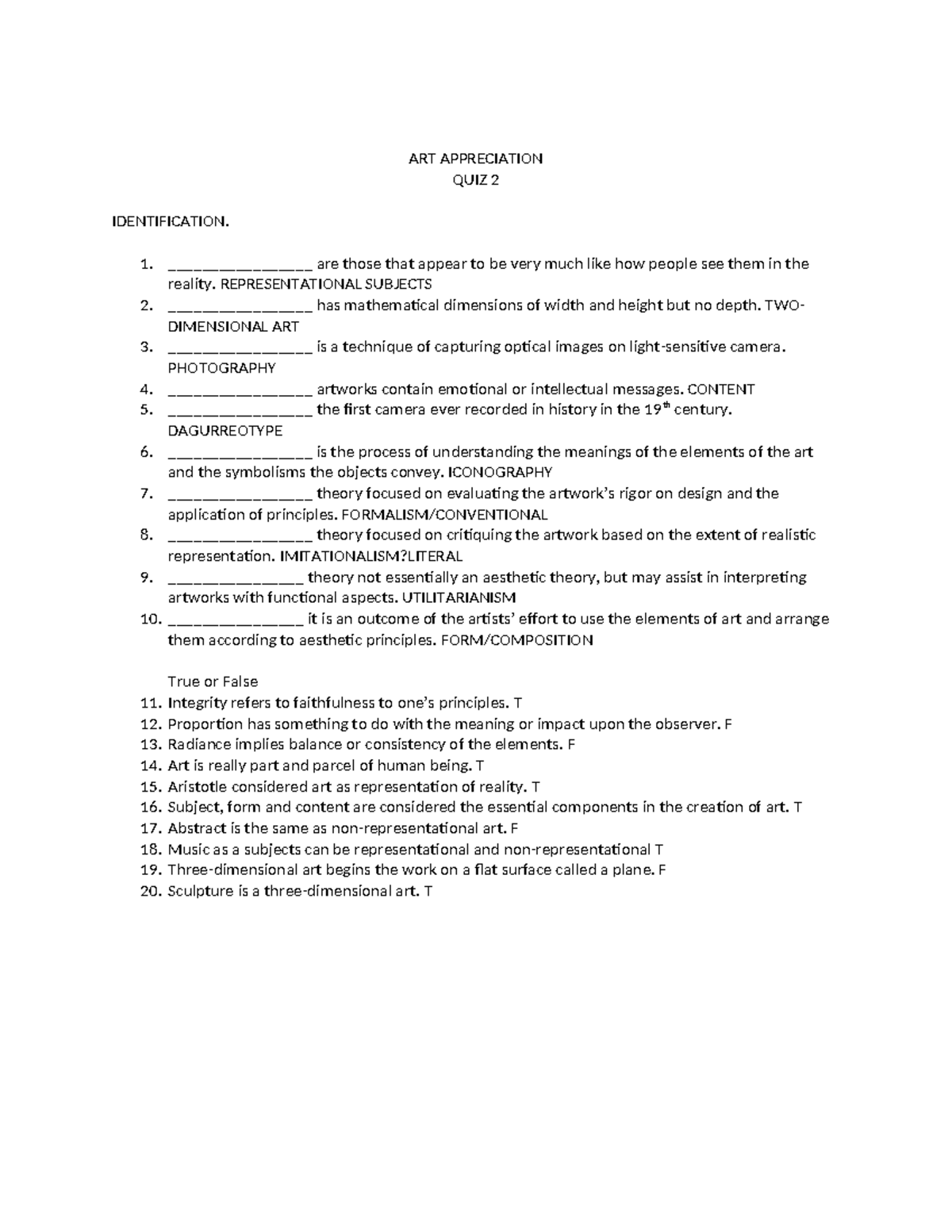 Art quiz 2 Art Appreciation Quiz ART APPRECIATION QUIZ 2