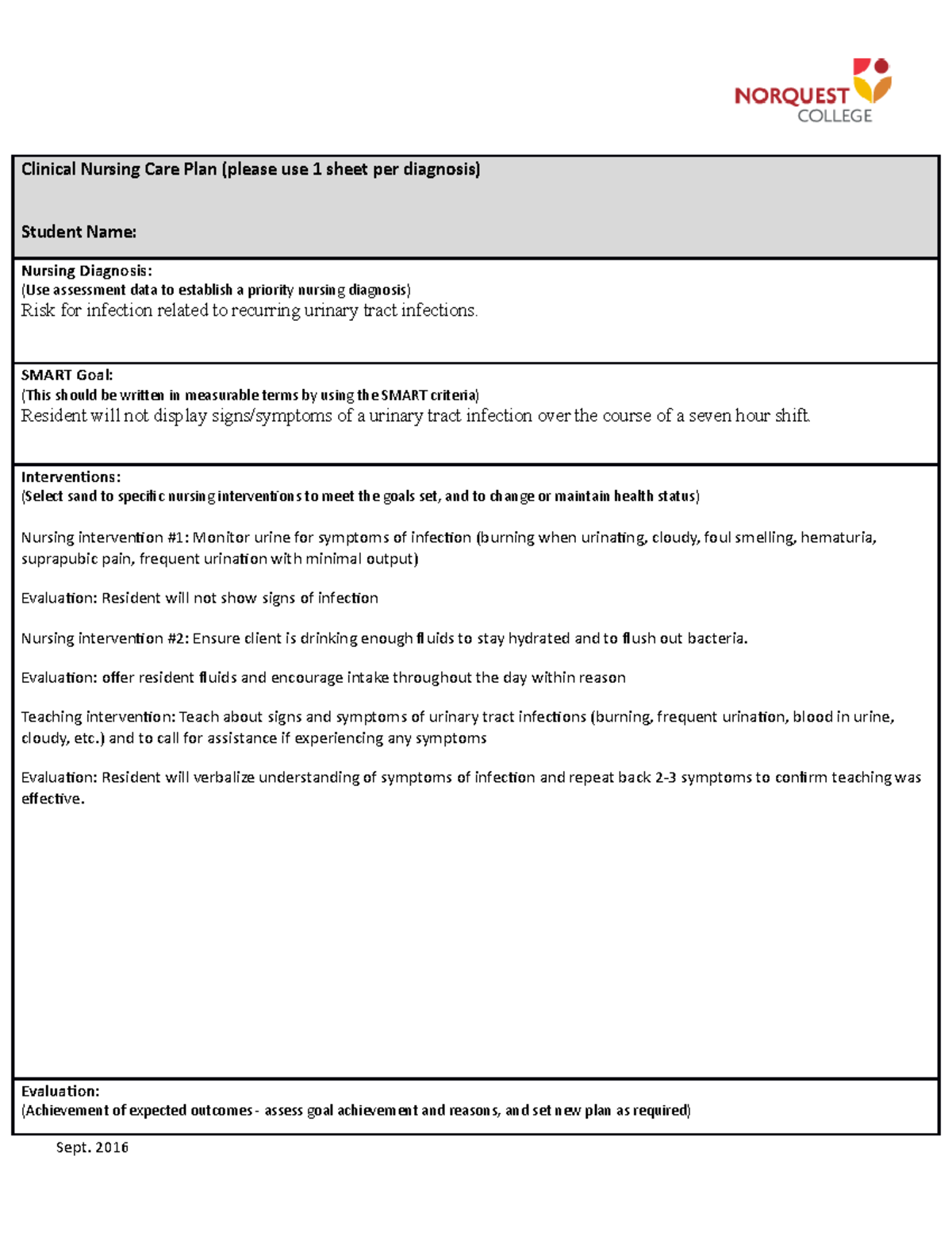 Nursing Care Plan UTI - Clinical Nursing Care Plan (please use 1 sheet ...