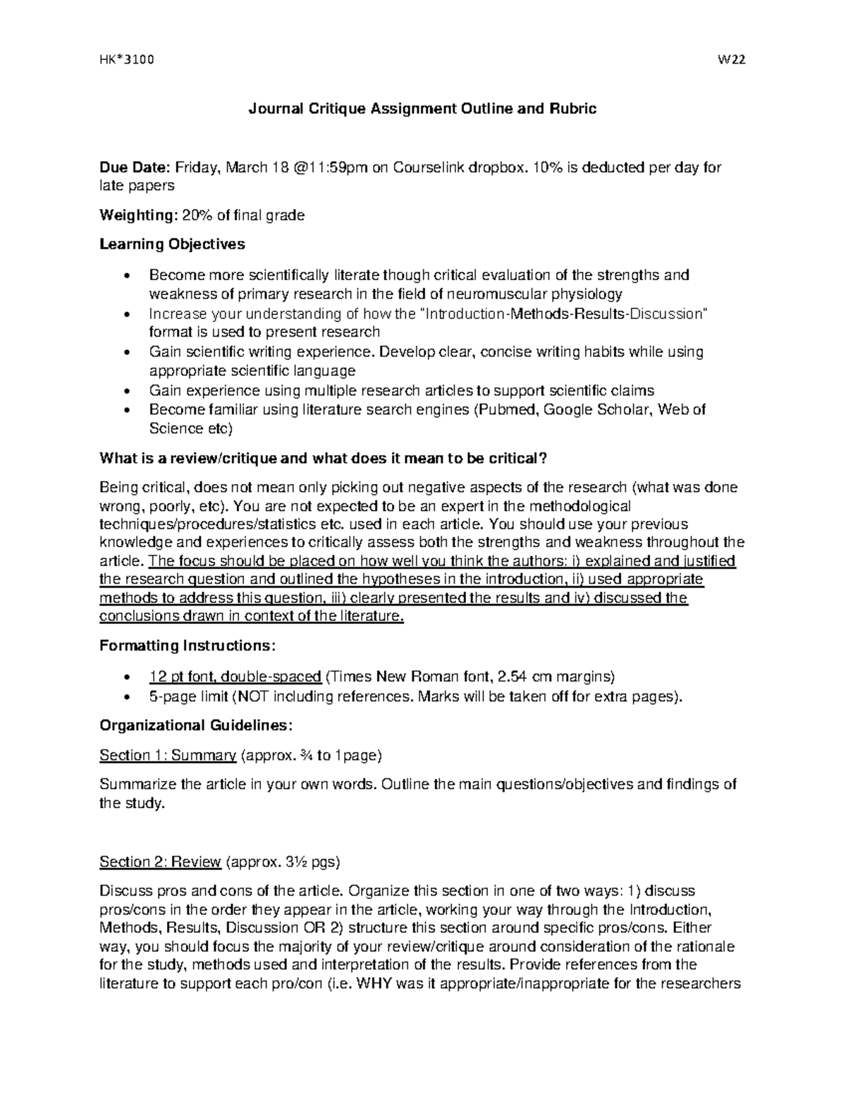 Journal Critique Assignment Outline and Rubric - 10% is deducted per ...