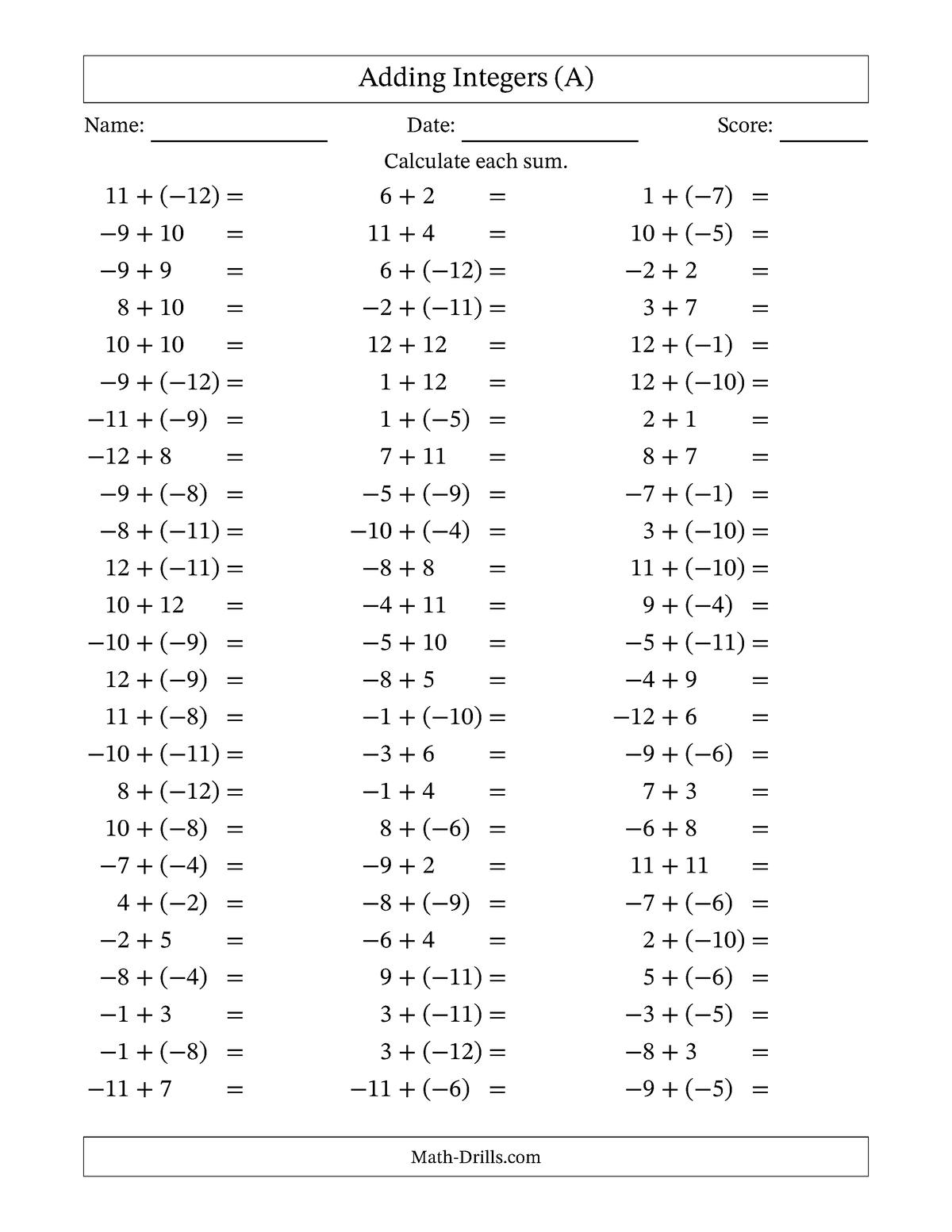 Integers addition negative parentheses -12to12 - Adding Integers (A ...