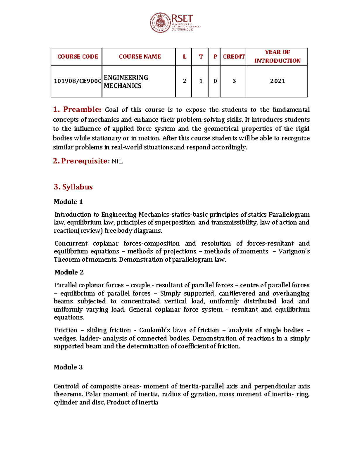 101908 CE900C-Engineering Mechanics-Syllabus - COURSE CODE COURSE NAME ...