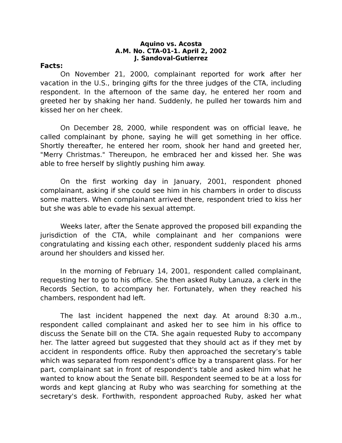 437618486 Aquino vs Acosta DG - Aquino vs. Acosta A. No. CTA-01-1 ...