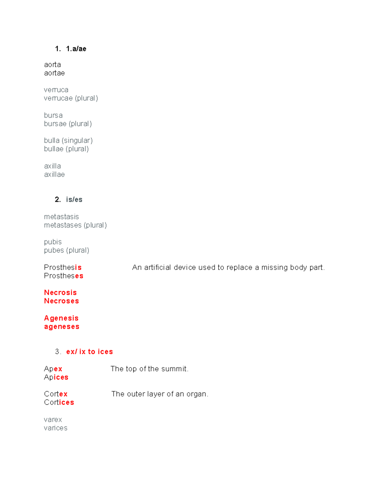 Medical Terms Plural Rules 1. 1/ae aorta aortae verruca verrucae