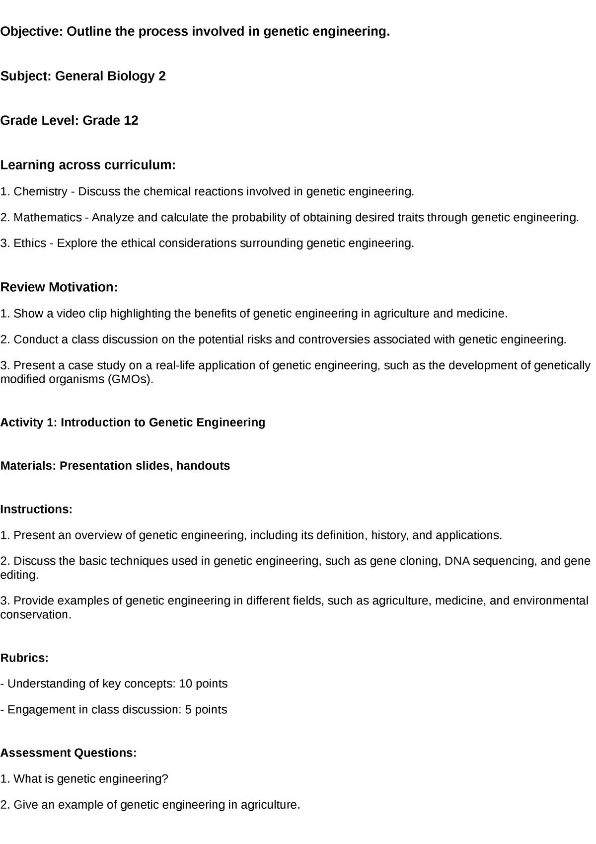 Lesson plan - Objective: Outline the process involved in genetic ...