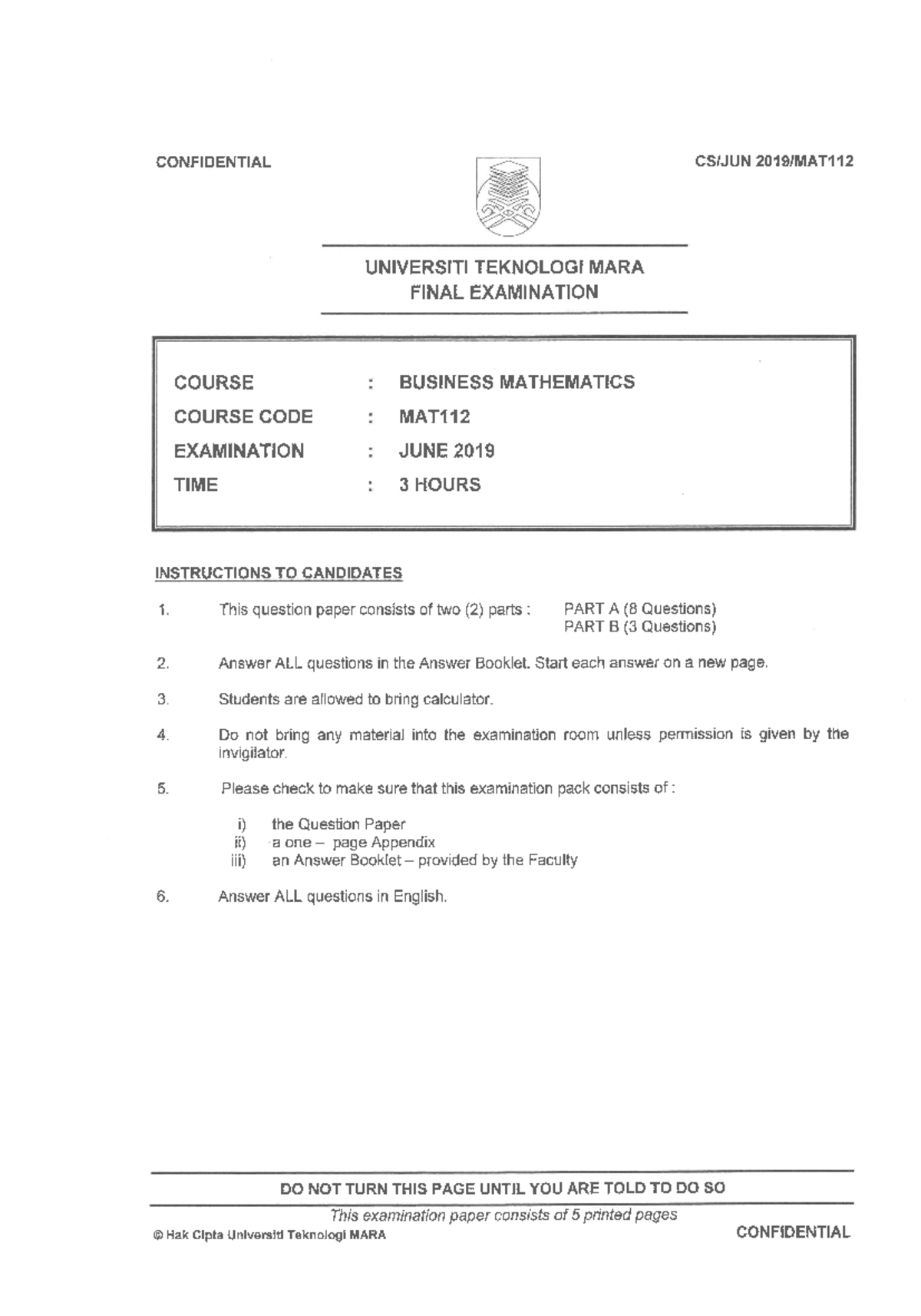 MAT112 - JUNE 2019 - do many practices - Business in Mathematics - Studocu