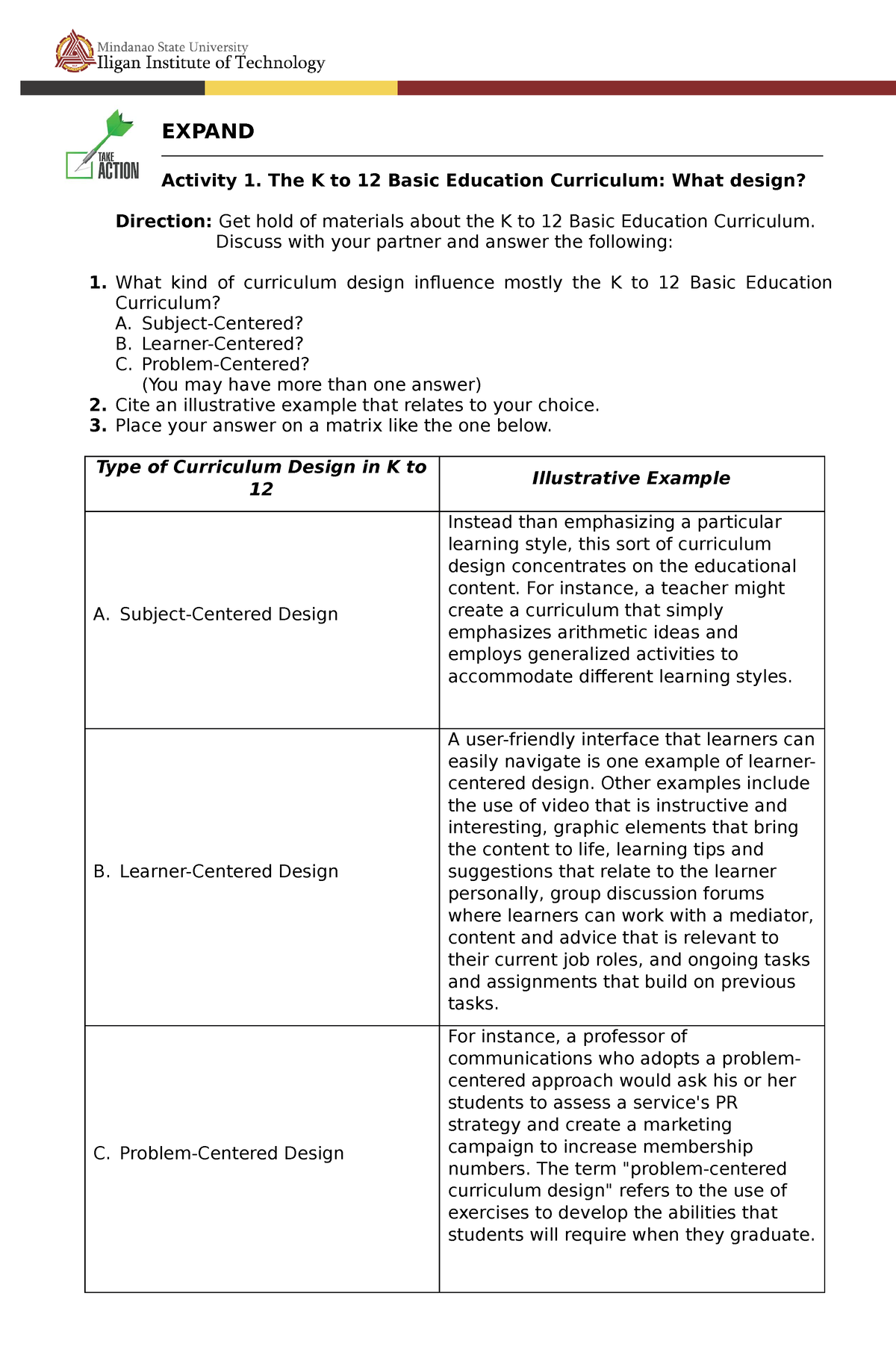 Module 3 Lesson 1 Activities - EXPAND Activity 1. The K To 12 Basic ...