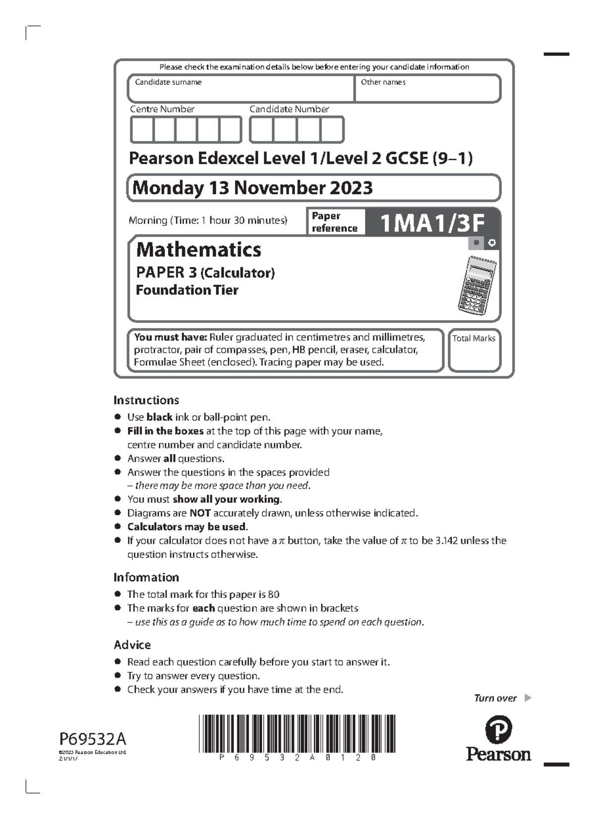 1MA1 3F que 20231114 - P69532A0120 Turn over Please check the ...