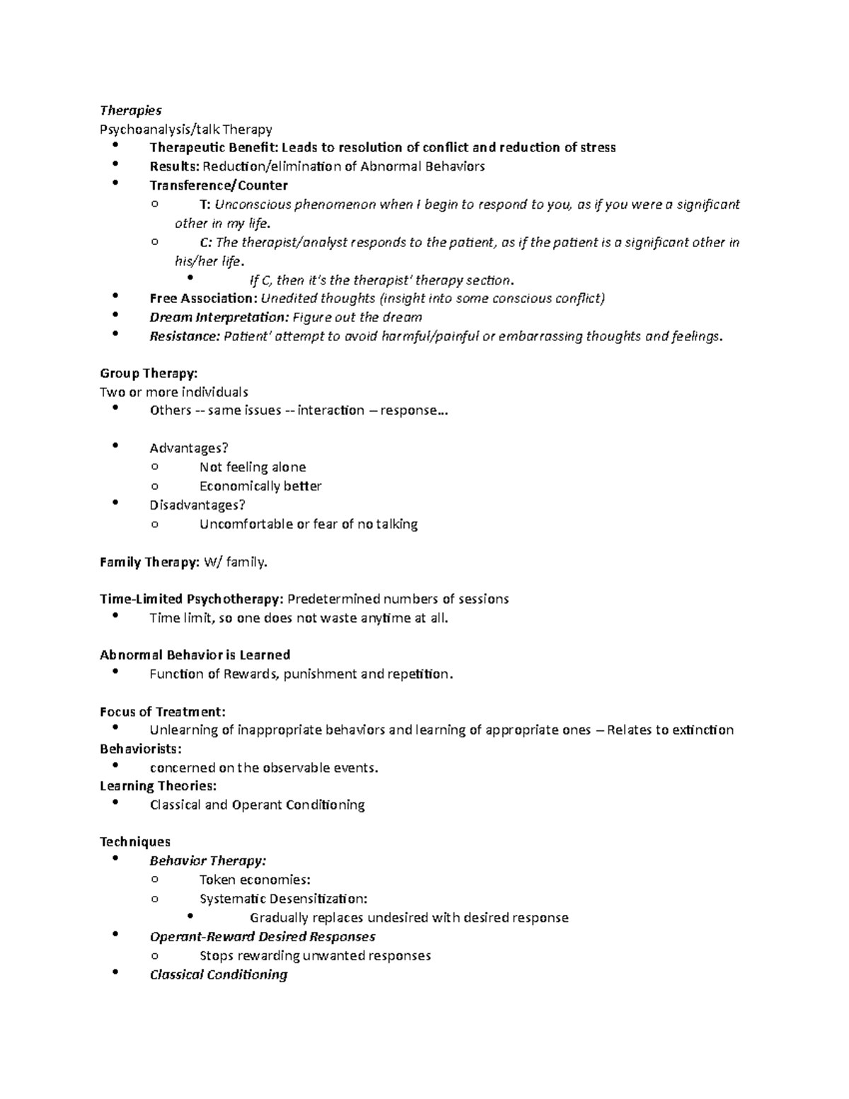 Study notes exam 3 psychology - Therapies Psychoanalysis/talk Therapy ...