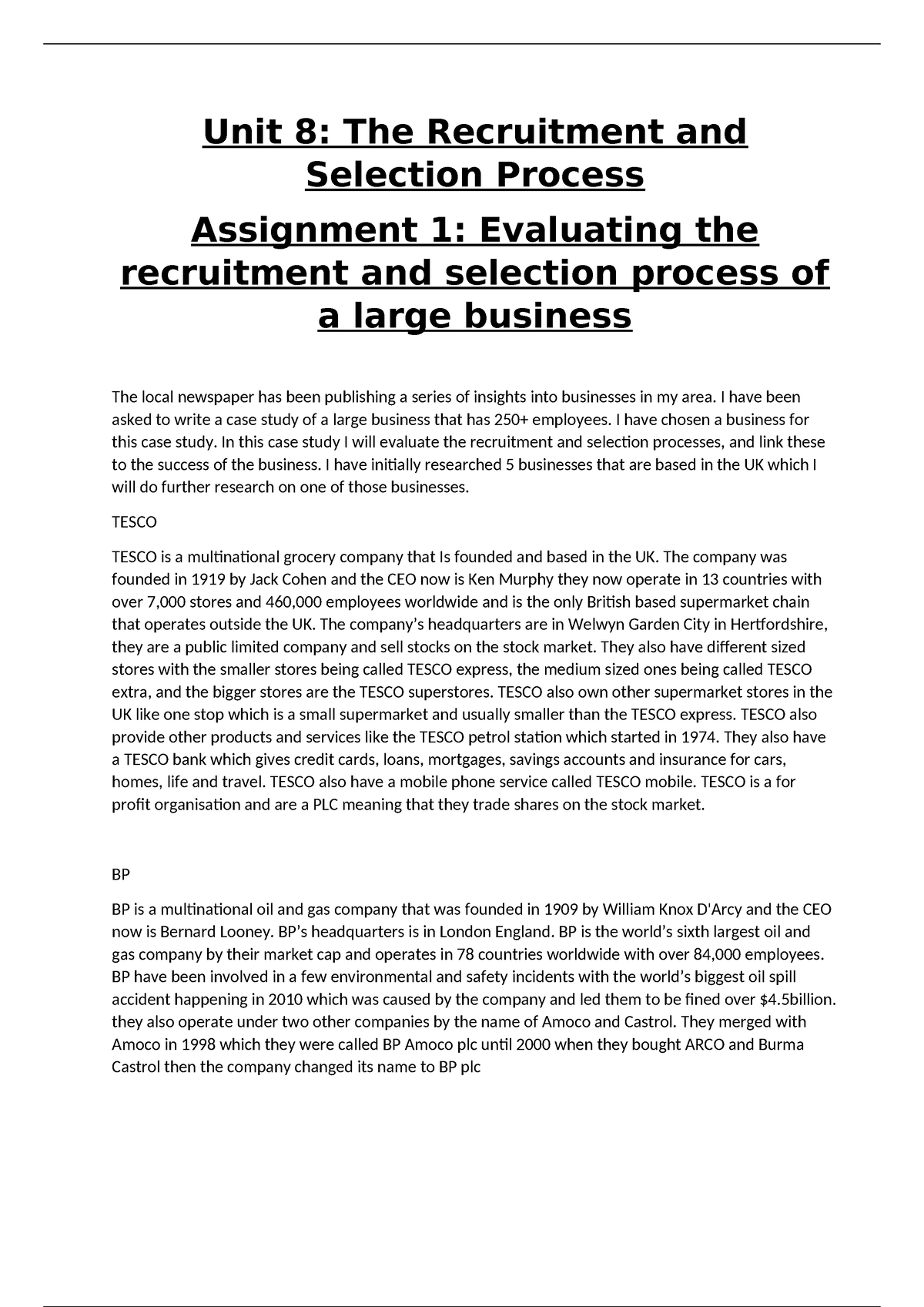 unit 8 recruitment and selection process assignment brief