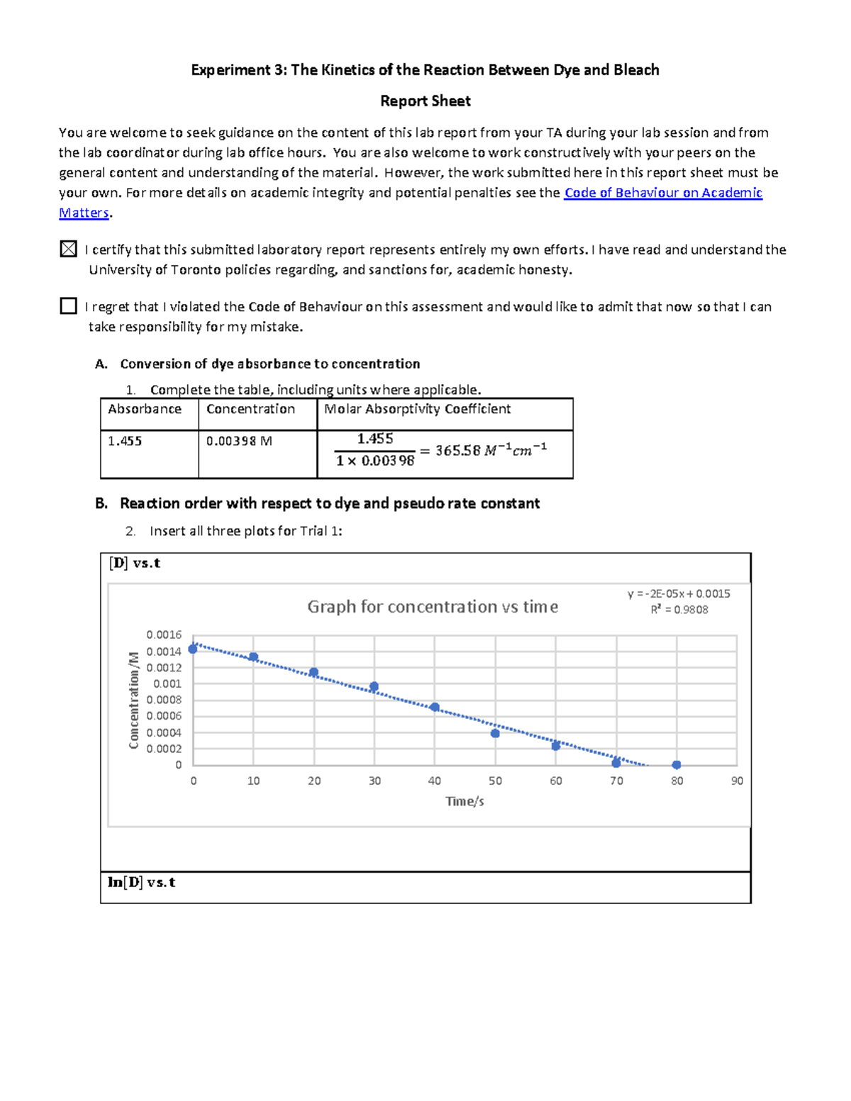 CHM135 Lab 3 Report Sheet Experiment 3 The of the Reaction