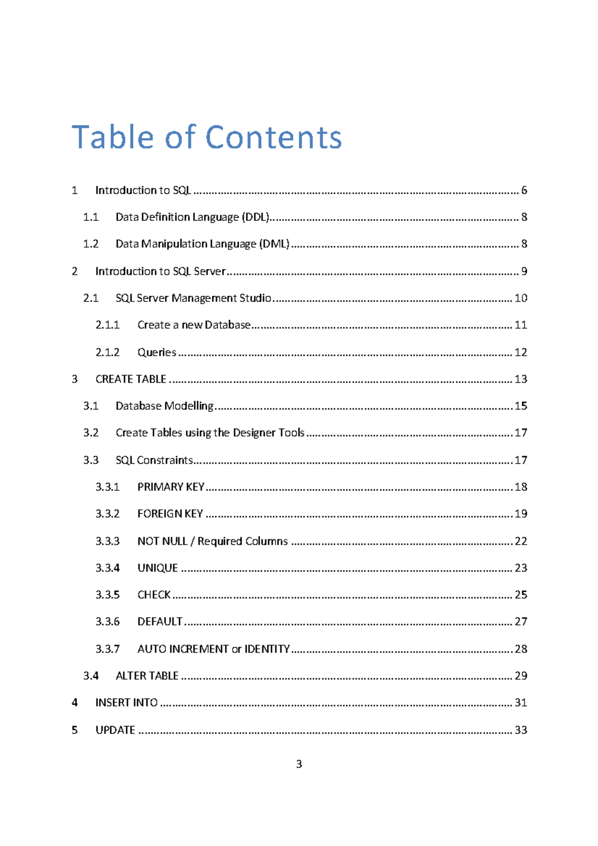 SQL Notes - Table of Contents - 1 Introduction to SQL 1 Data Definition ...