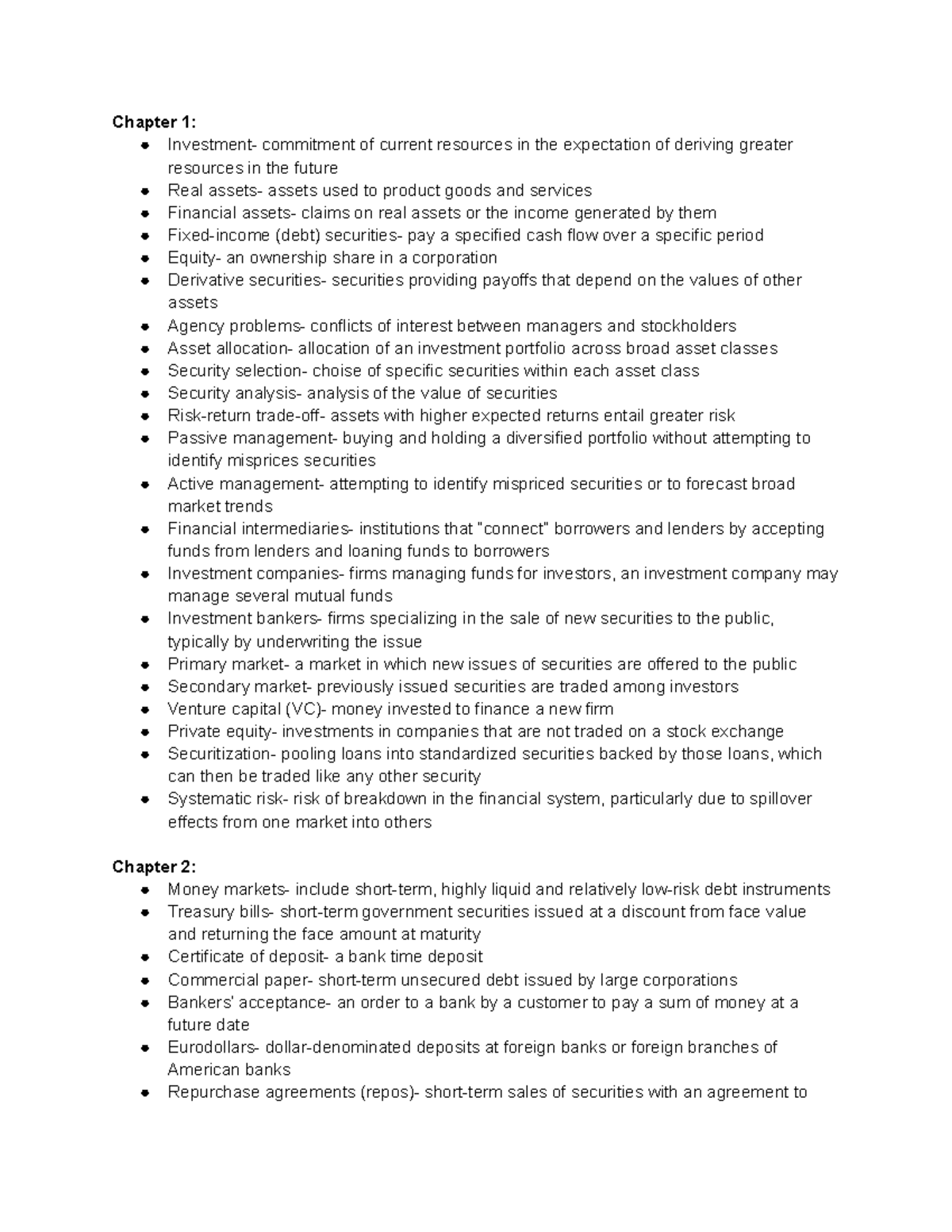 FNCE 3302 Definitions - Chapter 1: Investment- commitment of current ...