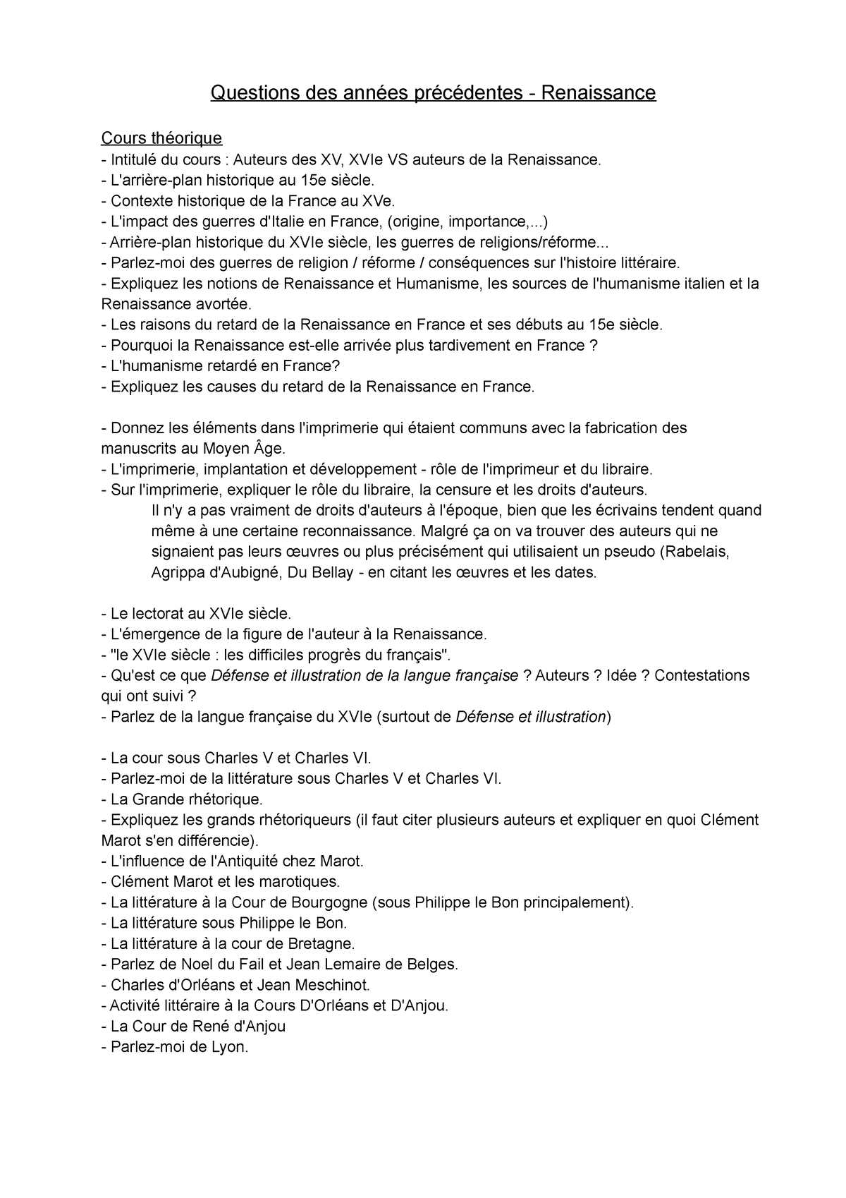 Questions - Renaissance - Questions Des Années Précédentes ...