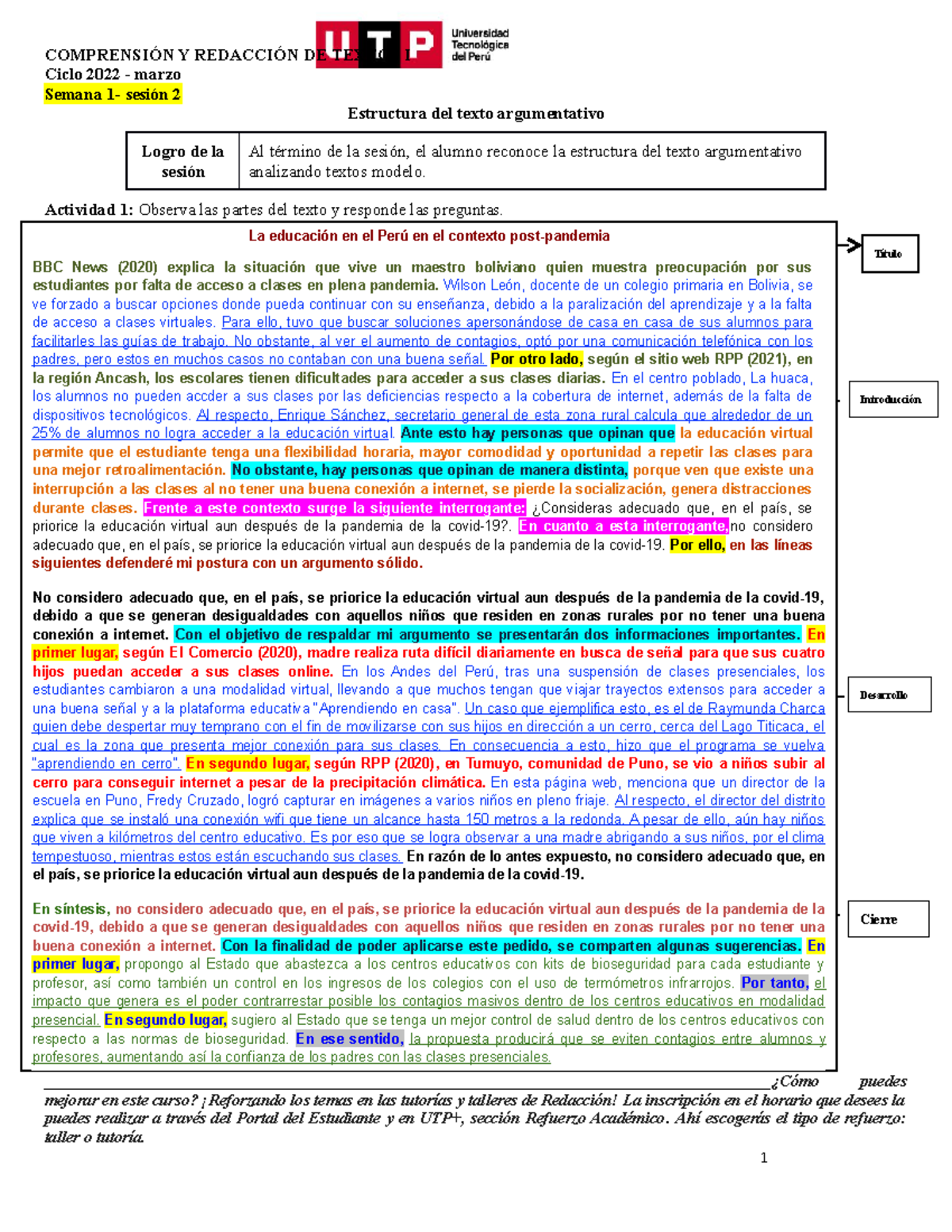 Modelo De Textos Argumentativos ComprensiÓn Y RedacciÓn De Textos I Ciclo 2022 Marzo Semana 6563