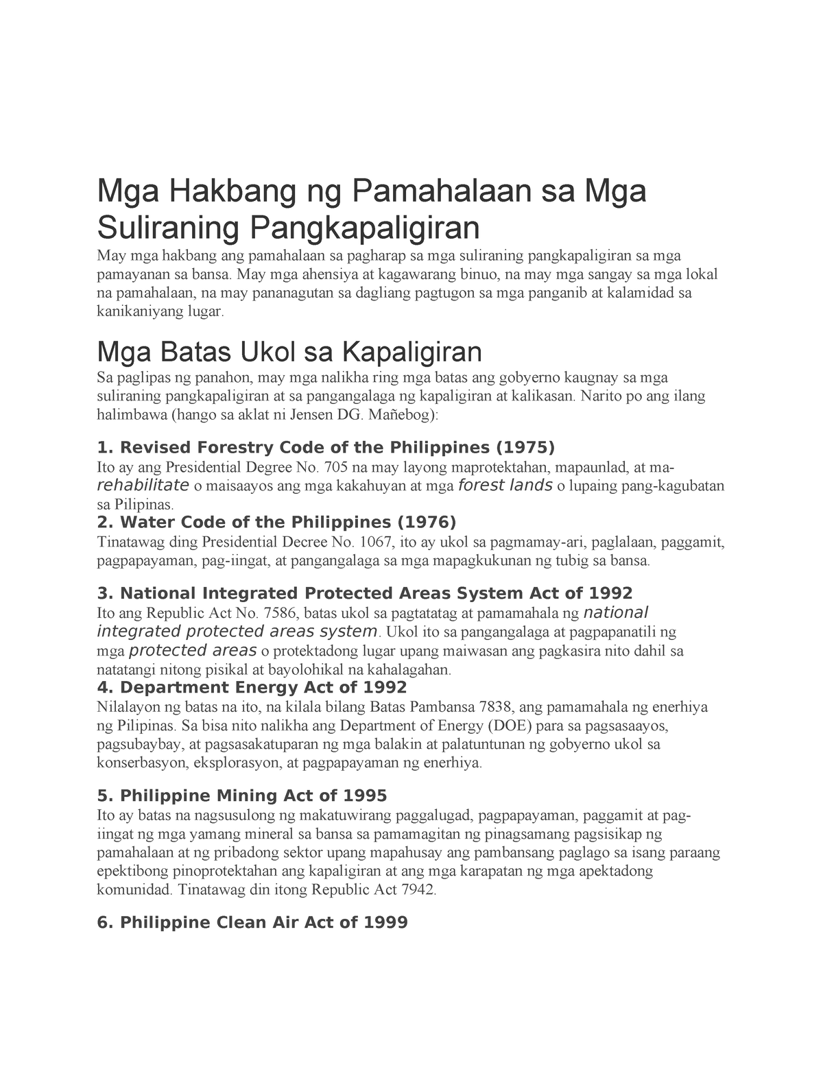 Mga Hakbang Ng Pamahalaan Sa Mga Suliraning Pangkapaligiran May Mga Ahensiya At Kagawarang