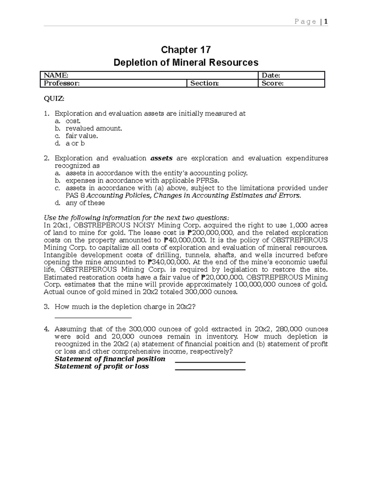 QUIZ Chapter 17 Depletion OF Mineral Resources P a g e 1 Chapter 17