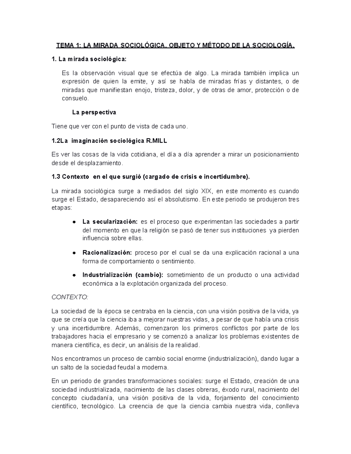 Sociología Apuntes - TEMA 1: LA MIRADA SOCIOLÓGICA. OBJETO Y MÉTODO DE ...