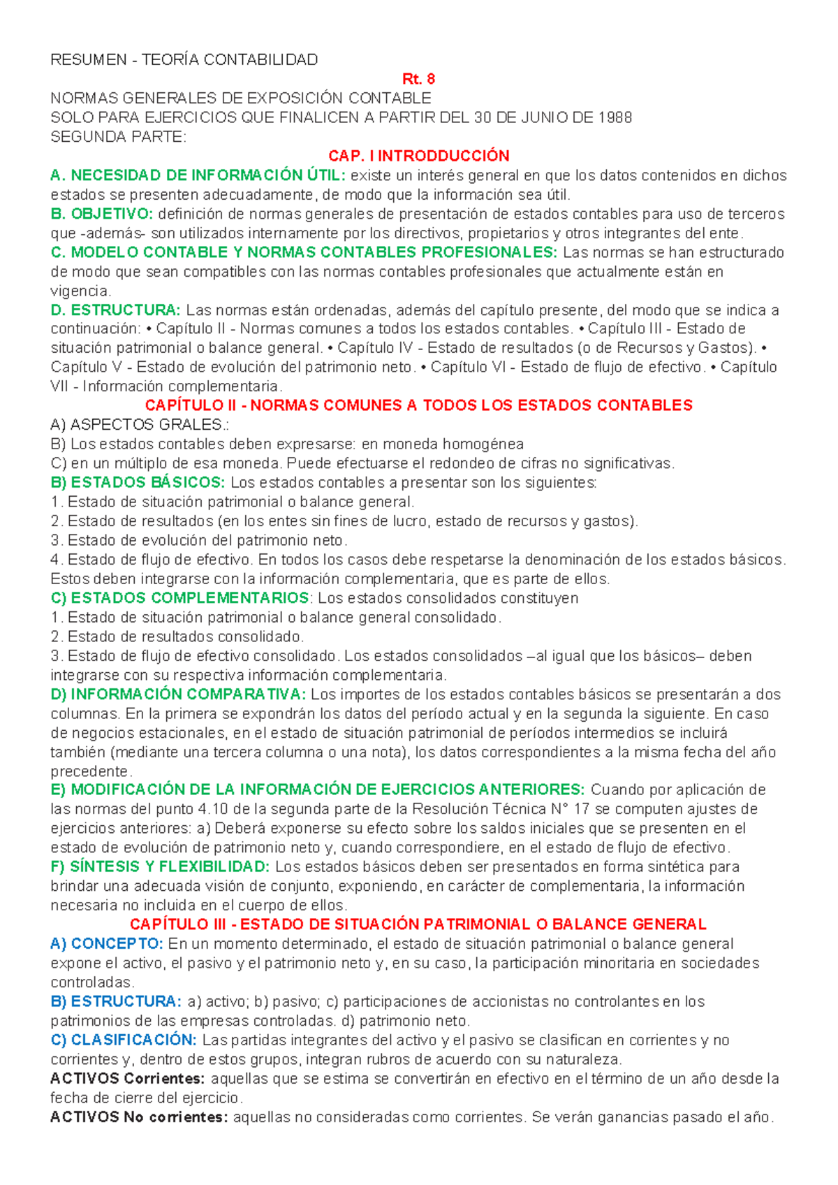 Resumen RT9 - .. - RESUMEN - TEORÍA CONTABILIDAD Rt. 8 NORMAS GENERALES ...