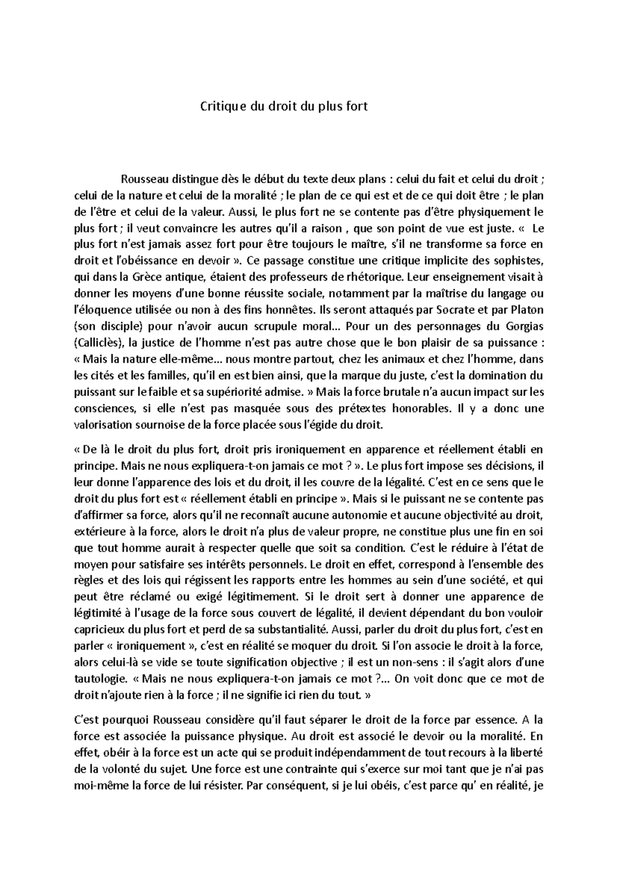 La critique du droit du plus fort selon Rousseau - Critique du droit du ...