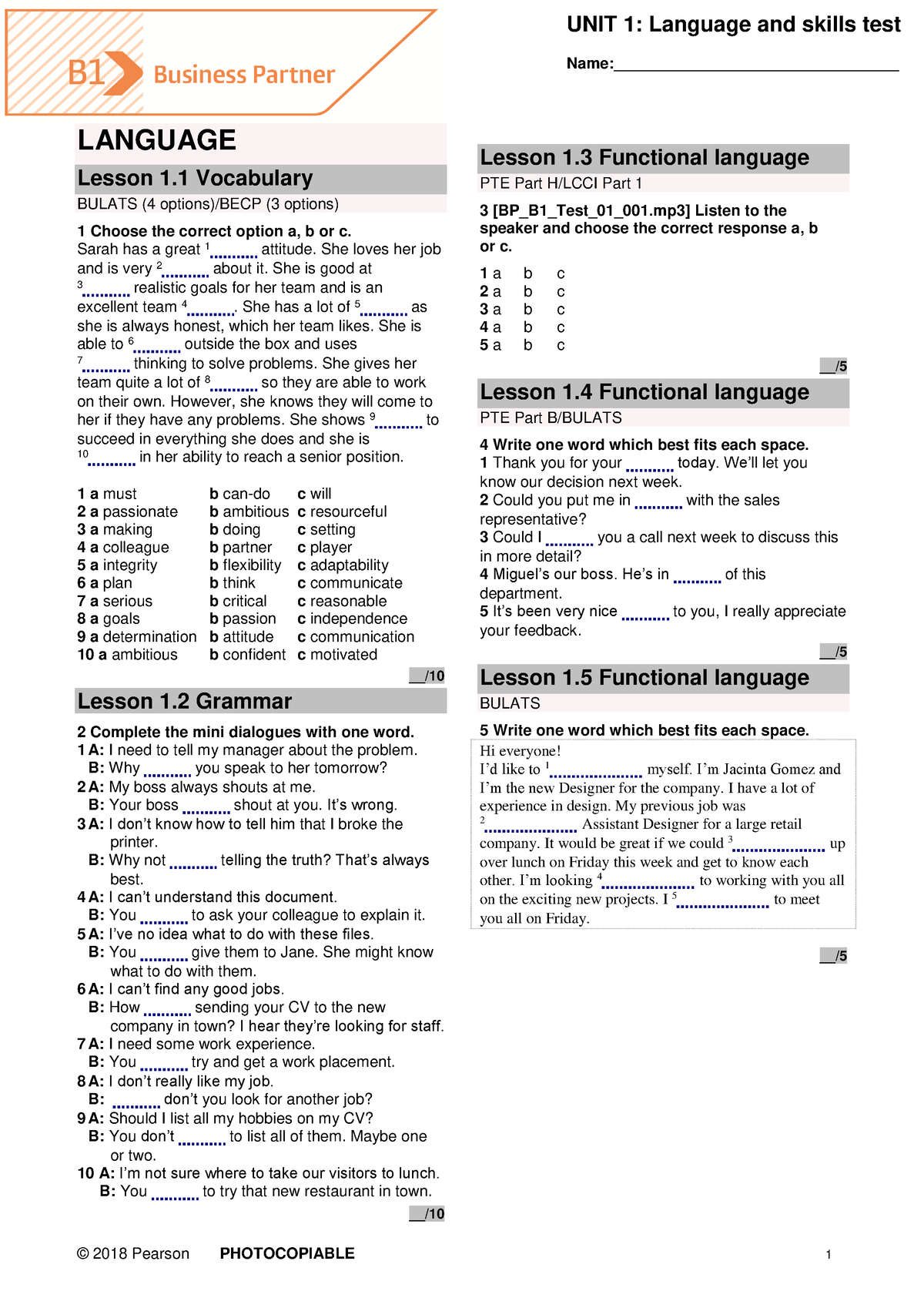 B1-Tests-Unit1 - Business English - © 201 8 Pearson PHOTOCOPIABLE 1 ...