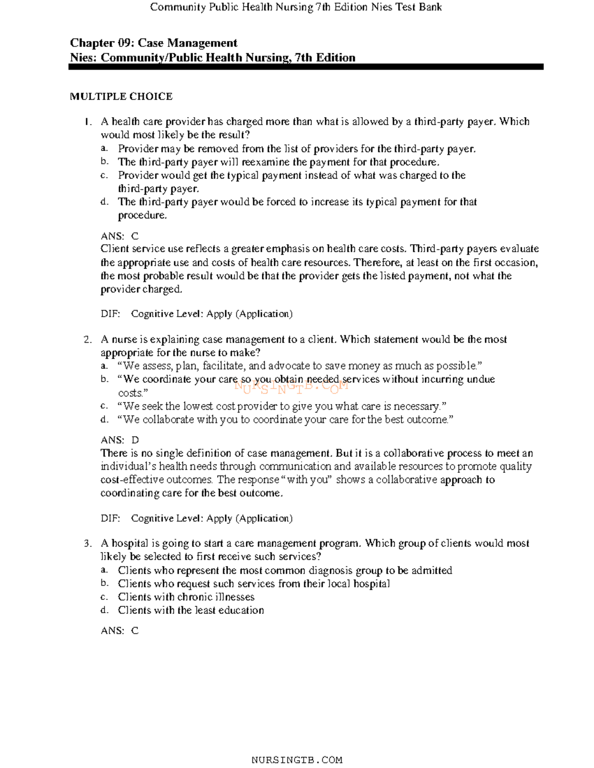 09 - Practice - NURSINGTB Chapter 09: Case Management Nies: Community ...